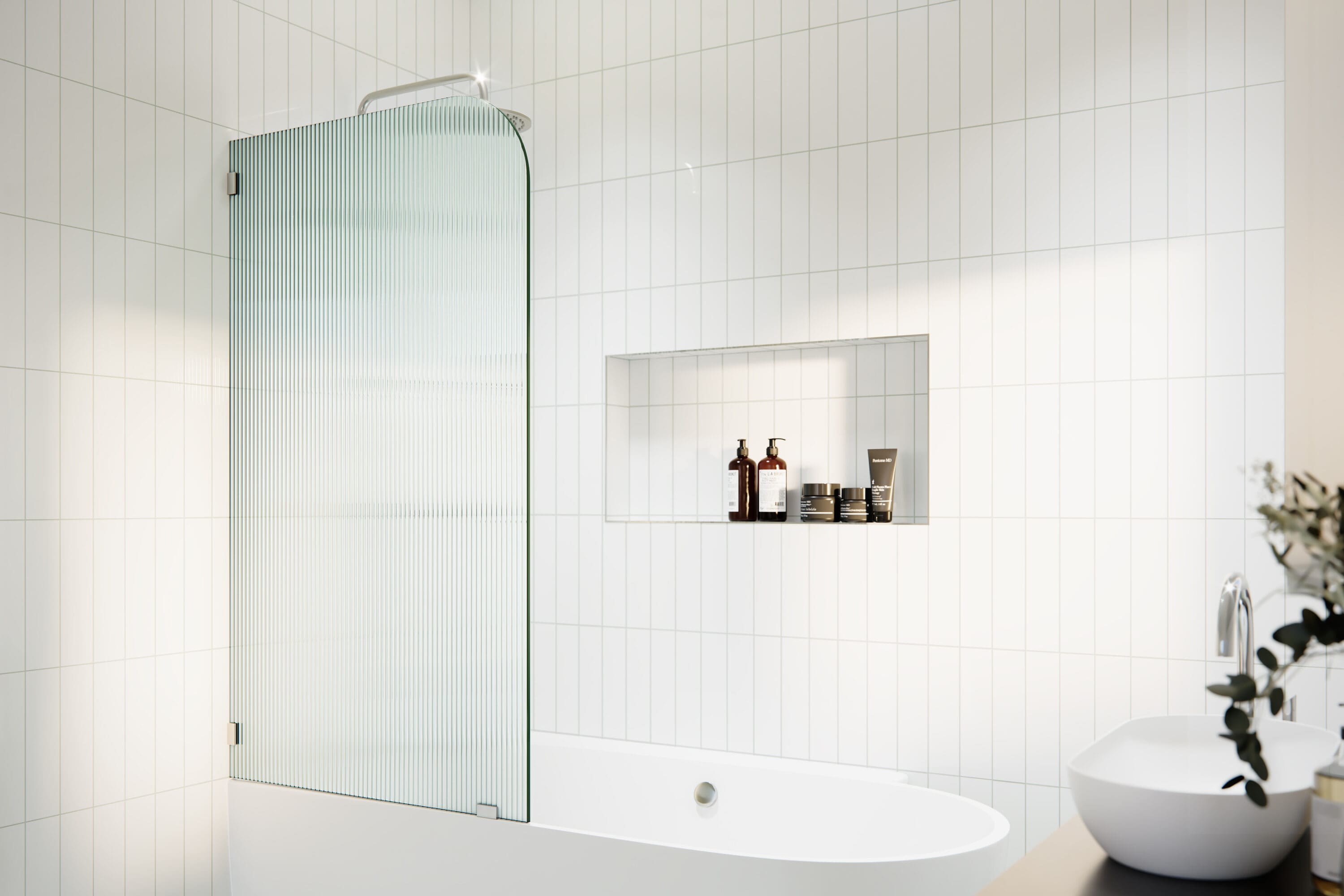 Glass Warehouse B-FL-RAD-34-L-CH Aurora Chrome 34-in W x 58.25-in H Frameless Fixed Bathtub door 3/8-in Thick Fluted Glass