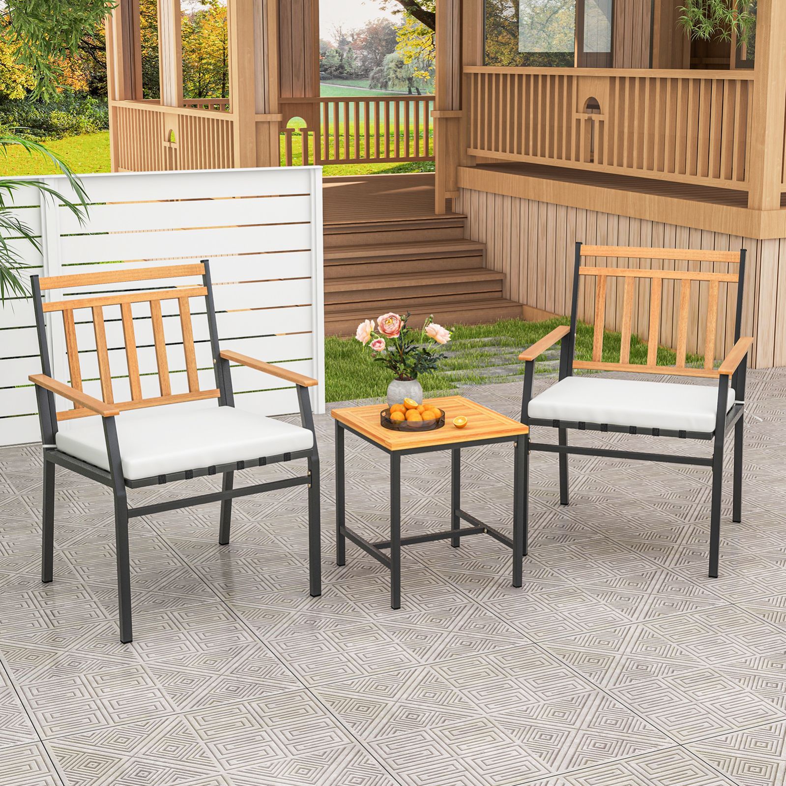 Acacia Wood and Metal 3-Piece Patio Set with Off-White Cushions