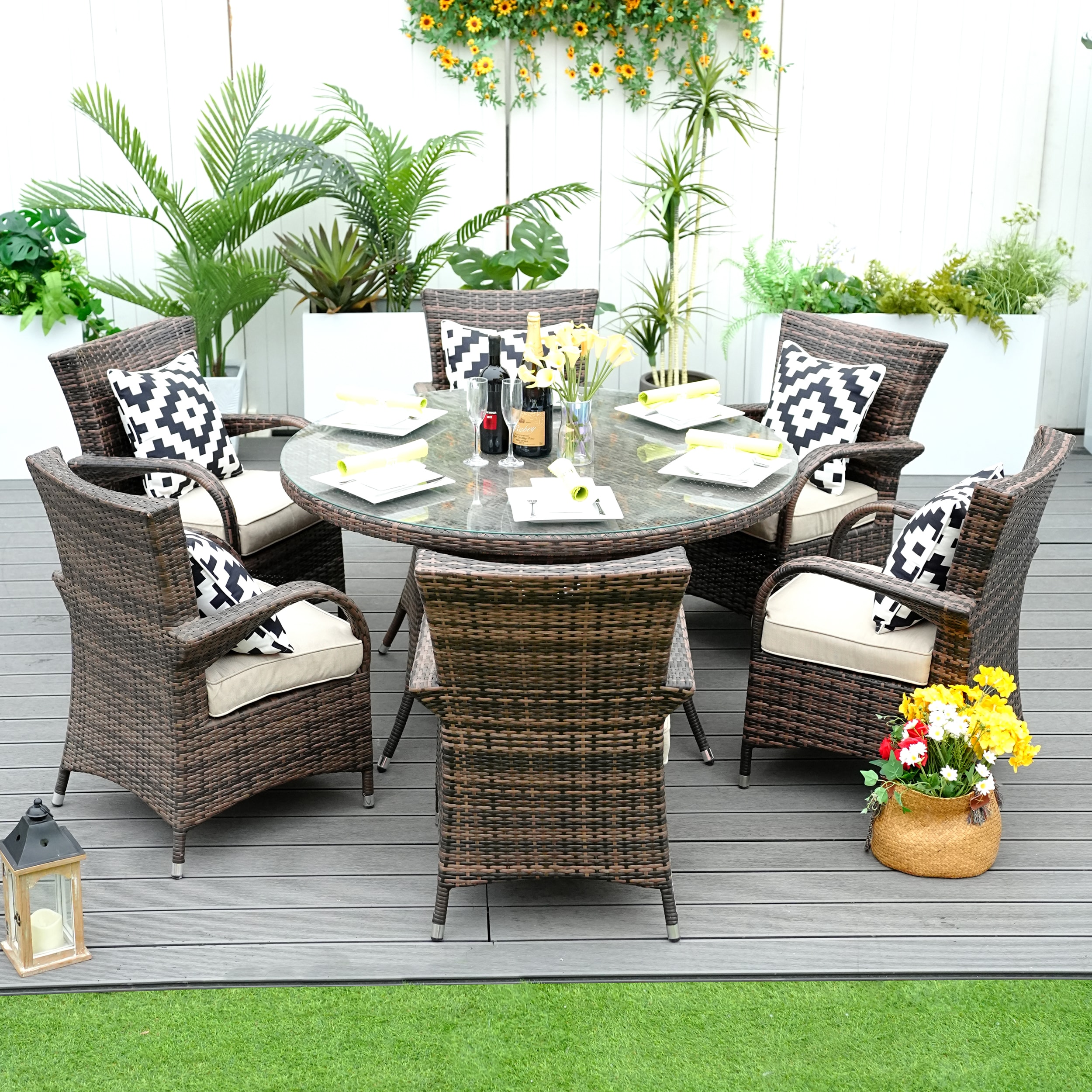 Moda Furnishings CMAD-1122-BR Nick 7 -Piece Black Wicker Patio Dining Set Wicker Round Table with 6 Tan Cushions Stationary Chairs