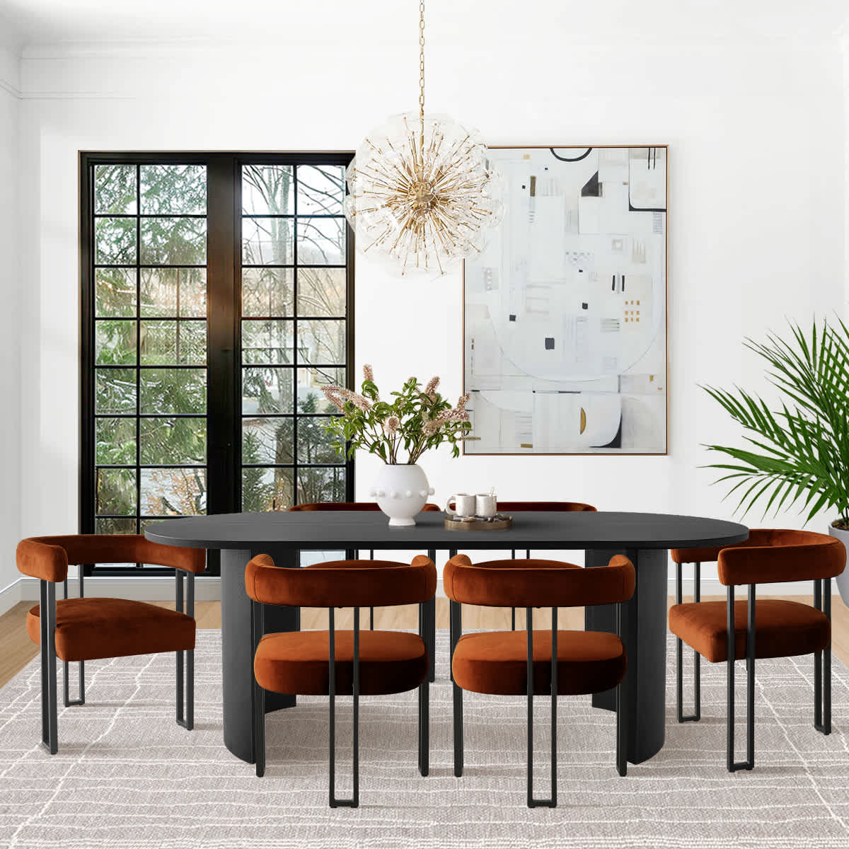 Maison Boucle 7-Piece Oval Dining Table Set with Black Table and Terra Velvet Upholstered Chairs for Dining Rooms