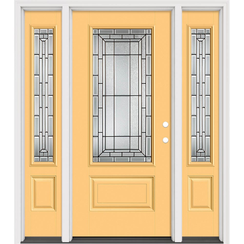 Masonite 633113 Sequence 64-in x 80-in x 4-9/16-in Fiberglass 3/4 lite Left-hand inswing Cabana Yellow Painted Prehung Slab Front Door with Sidelights with Brickmould Insulating core