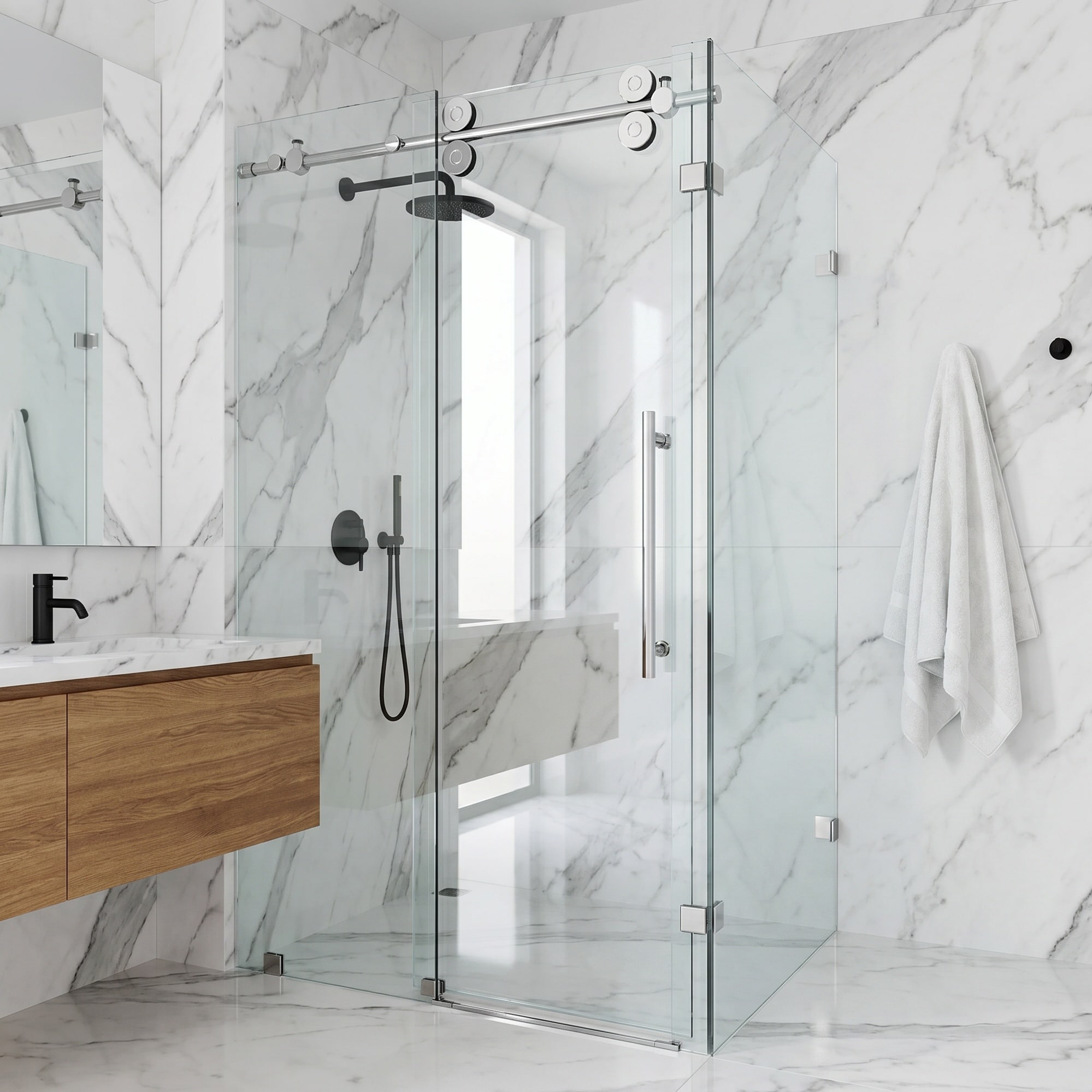 VIGO Winslow Chrome 46-in W x 74-in H Frameless Corner Sliding