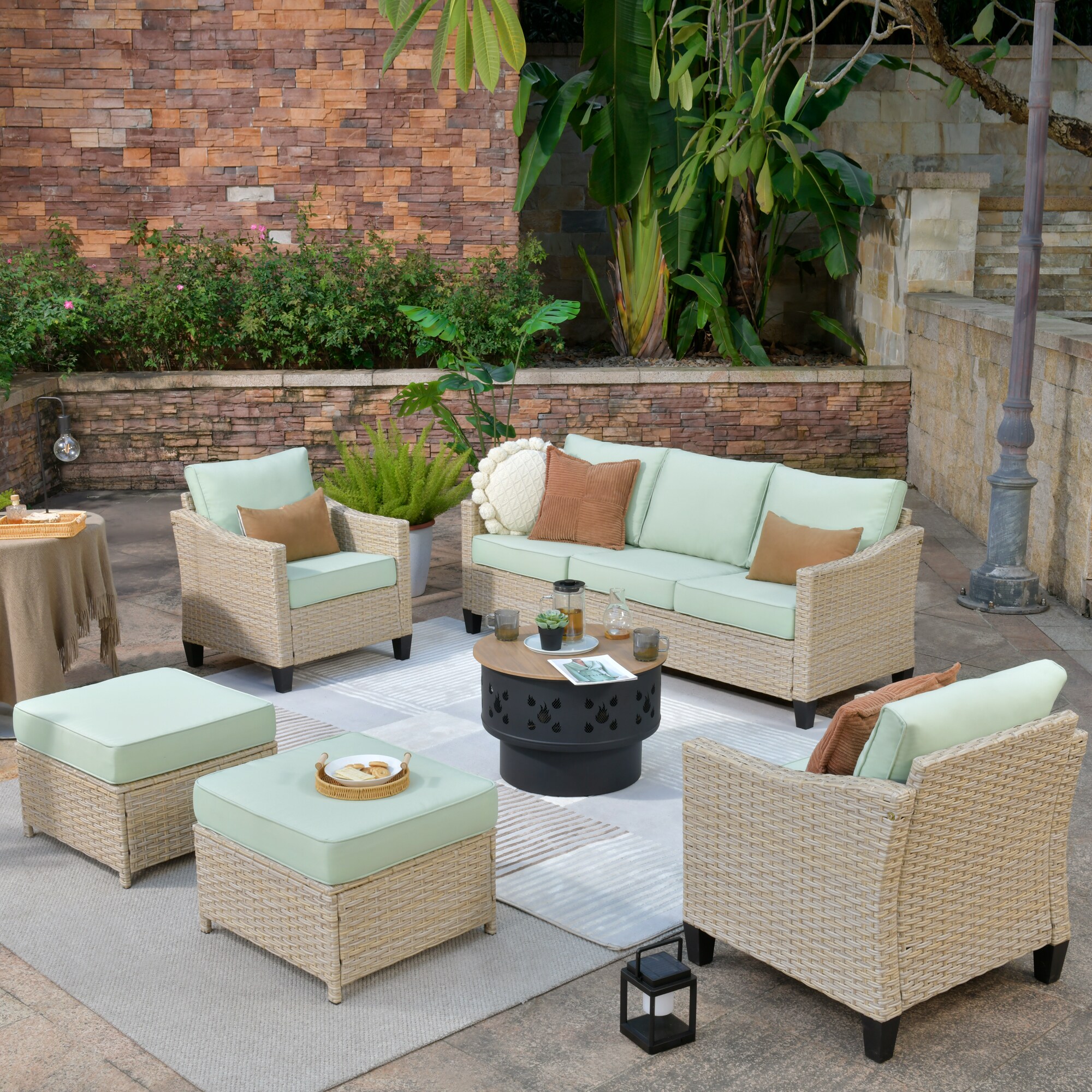 weaxty HMBYM307DAR905 Athena 6-Piece Wicker Patio Sofa Conversation Set with Green Cushions