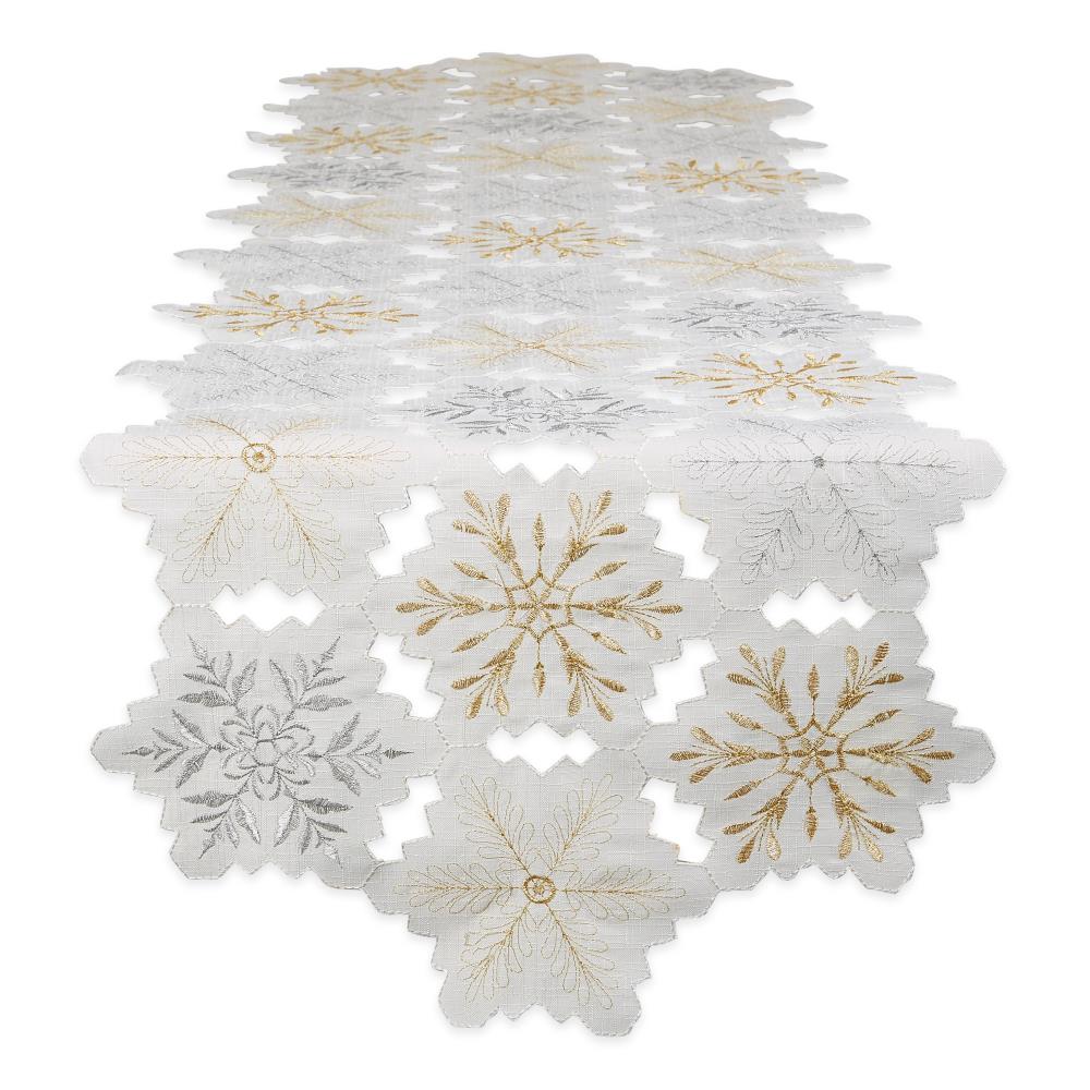 Silver and Gold Embroidered Snowflakes Polyester Table Runner