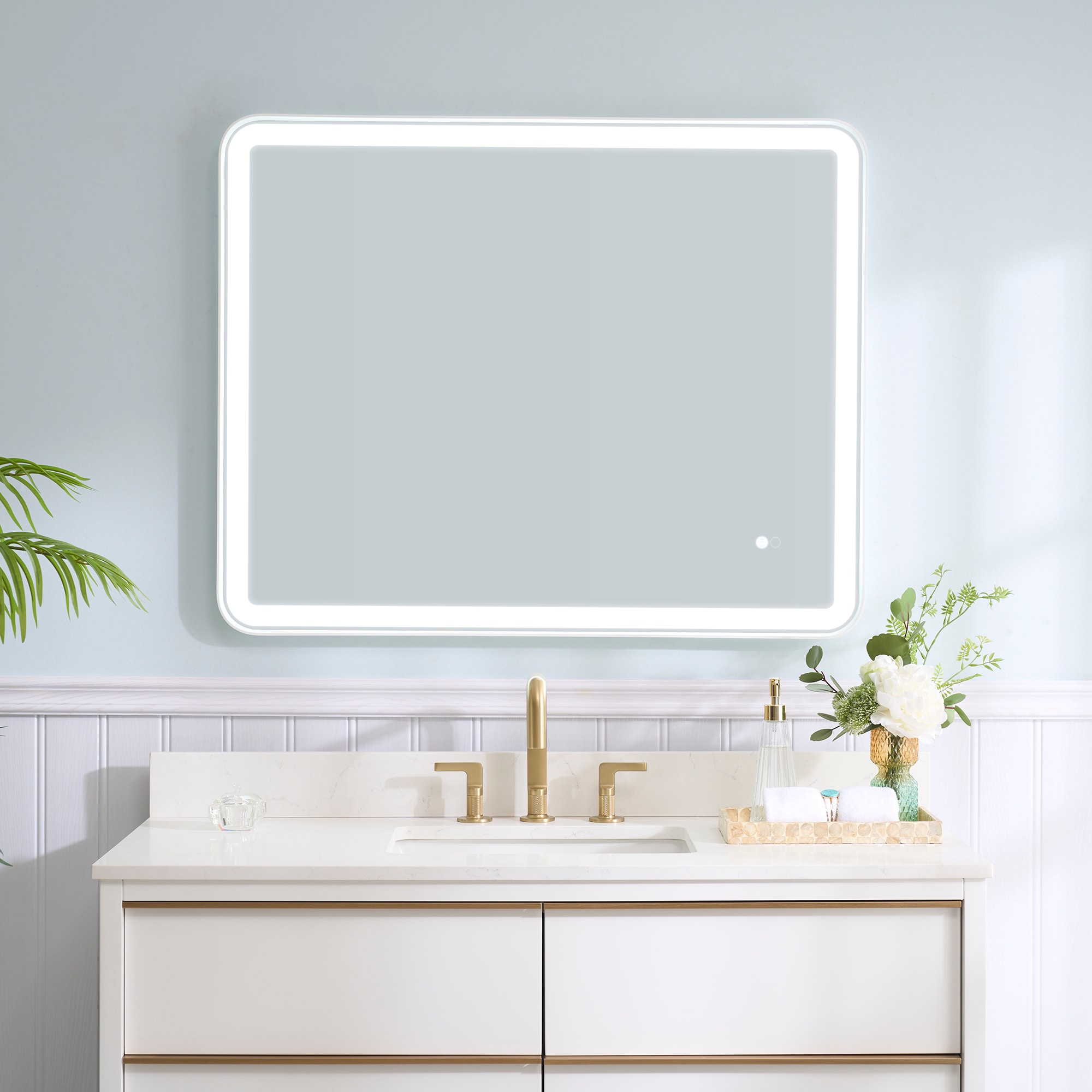 WELLFOR W9FM4032WT BONIE LED Mirror 40-in x 32-in Framed Rectangle Dimmable LED Lighted Fog Free Bathroom Vanity Mirror ( White )