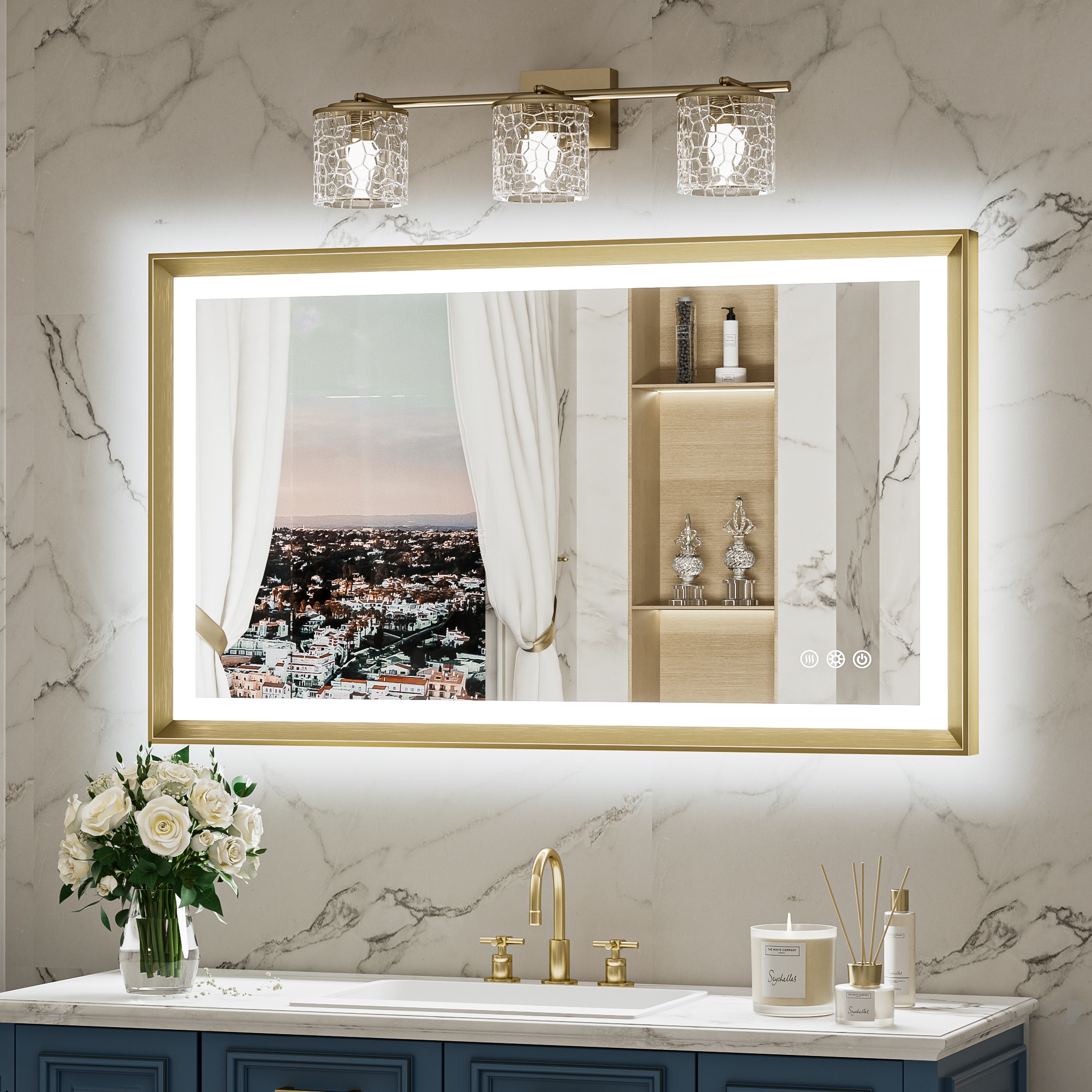 Keonjinn LW-ZBGSSW-10161GD 40-in x 24-in Framed Rectangle Dimmable LED Lighted Fog Free Bathroom Vanity Mirror ( Brushed Gold )