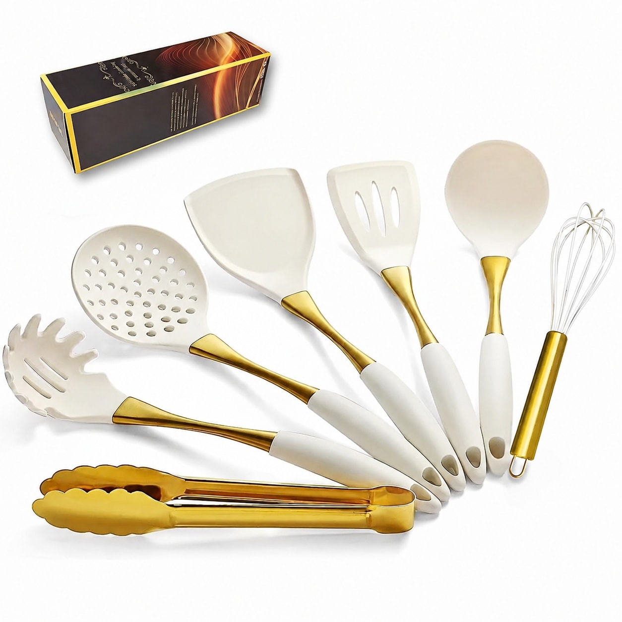 DHMHD  Elegant White Gold Silicone Cooking Utensils Set with Heat Resistant Comfort Handles Includes Spatula Spoon and More for Nonstick Cookware