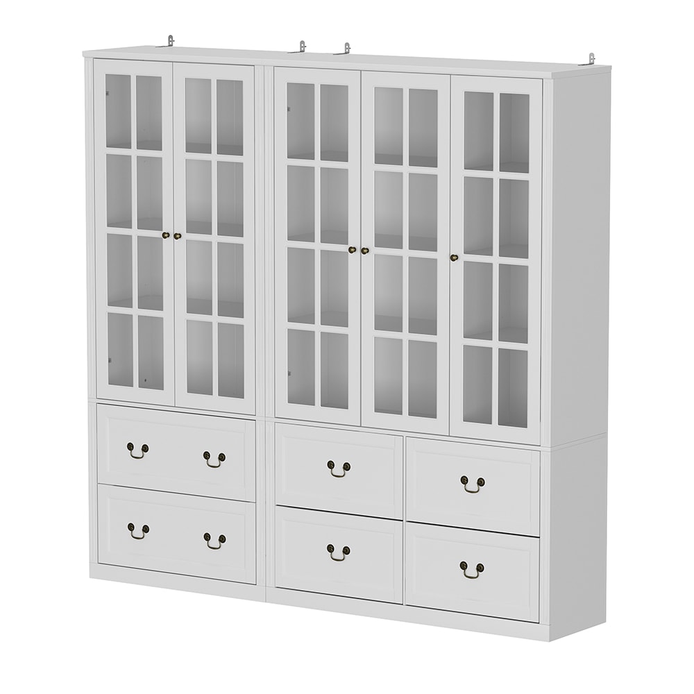 Homsee V-KF020314+315-034 Modern Bookcase with 6 Drawers and Adjustable Shelves Spacious Storage Cabinet with Tempered Glass Doors for Home Office