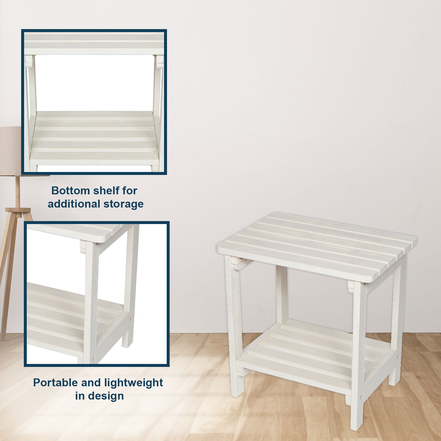 Eggshell White Cedar Wood Rectangular Side Table with Shelf