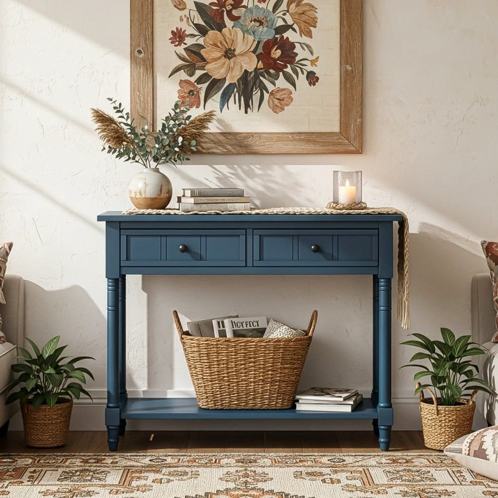 Coolbibila MAYA-CONSOLE-NAVY Vintage Dark Navy Solid Wood Console Table with Drawers and Bottom Shelf for Entryway or Living Room