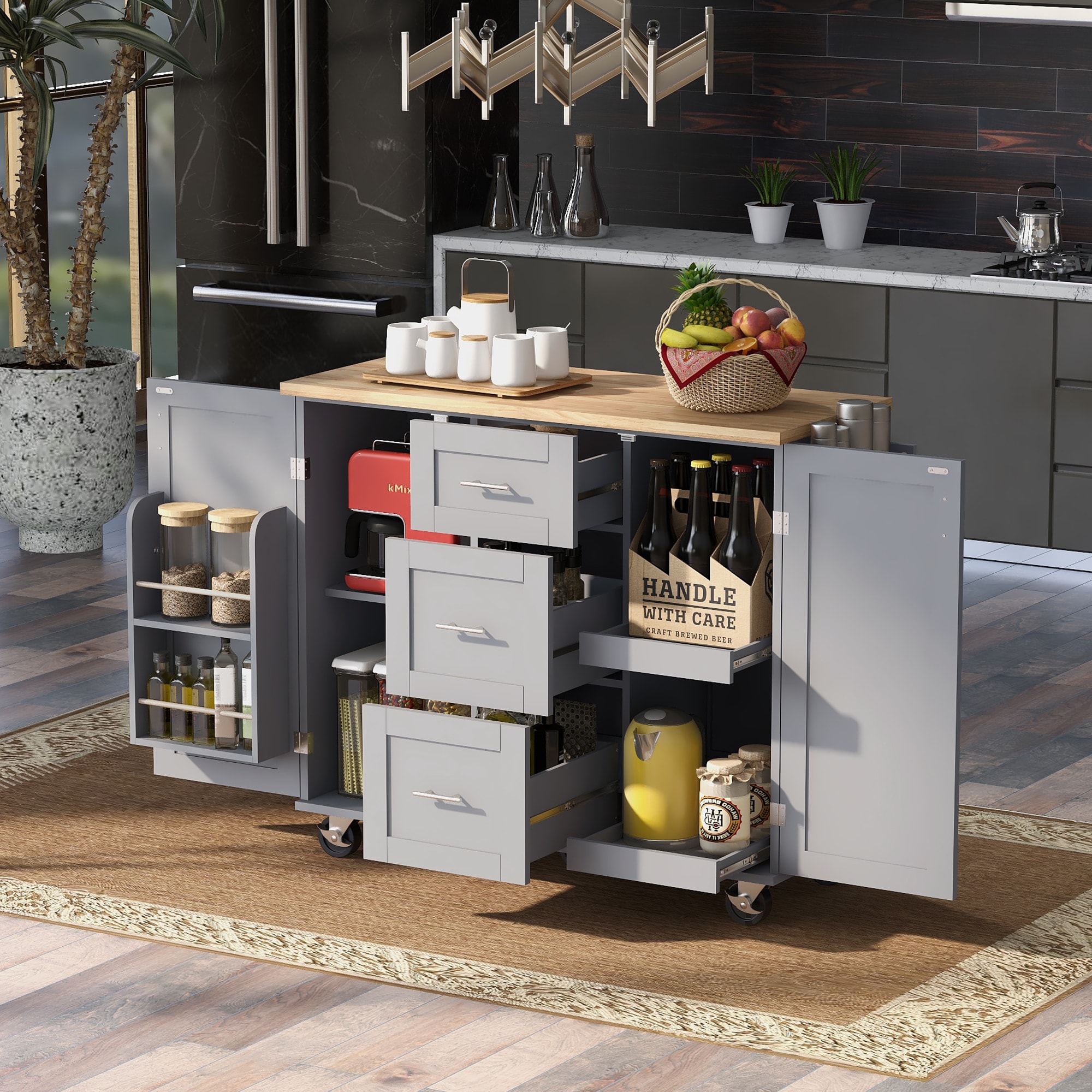 Rolling Kitchen Island with Storage Kitchen Cart with Rubber Wood Top 3 Drawer 2 Slide-Out Shelf and Internal Storage Rack Kitchen Island on Wheels with Spice Rack and Tower Rack Grey Blue