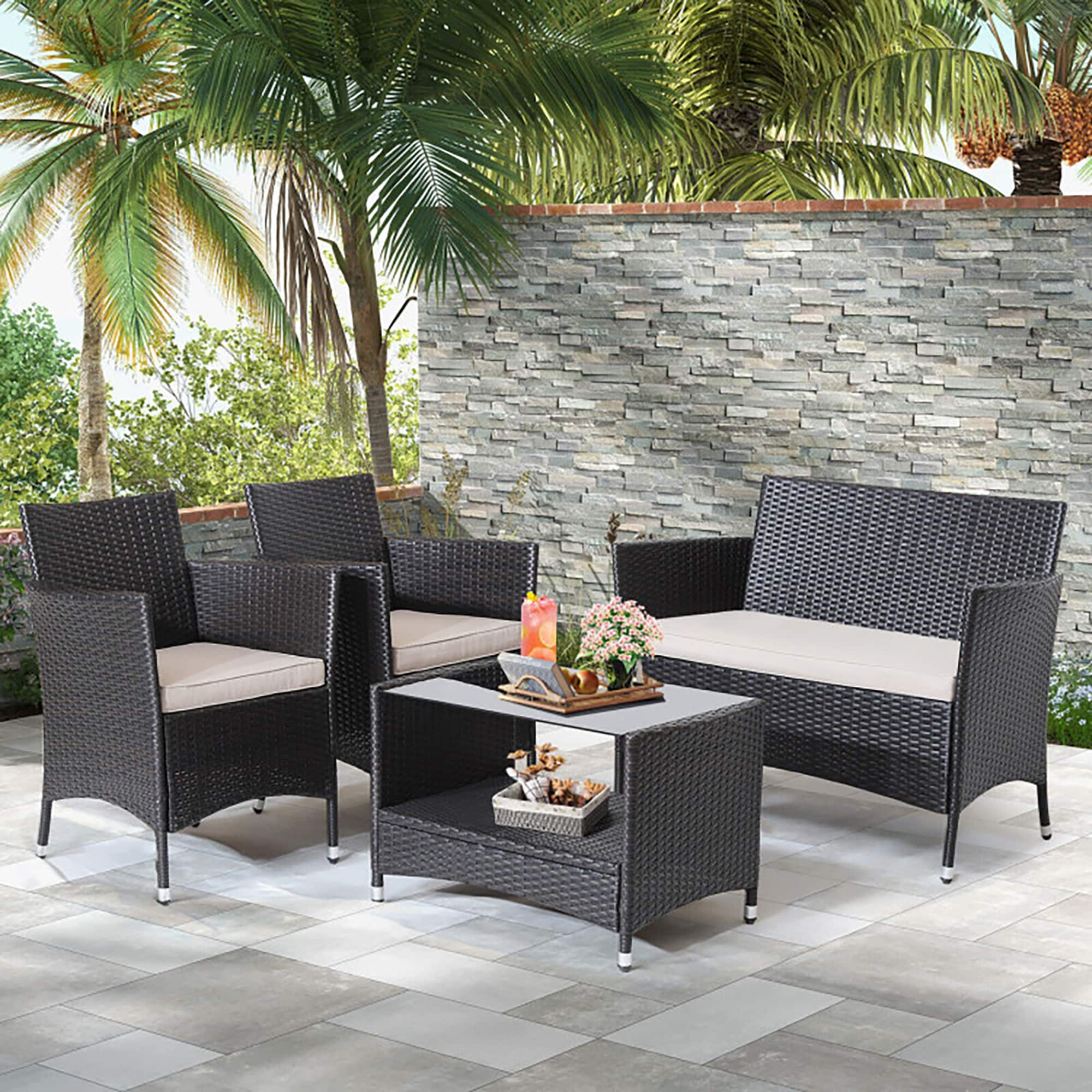 Forclover HYFL-627HW 4 Pieces Patio Conversation Set with Soft Cushions and Tempered Glass Tabletop 4 -Piece Rattan Patio Conversation Set with Off-white Cushions