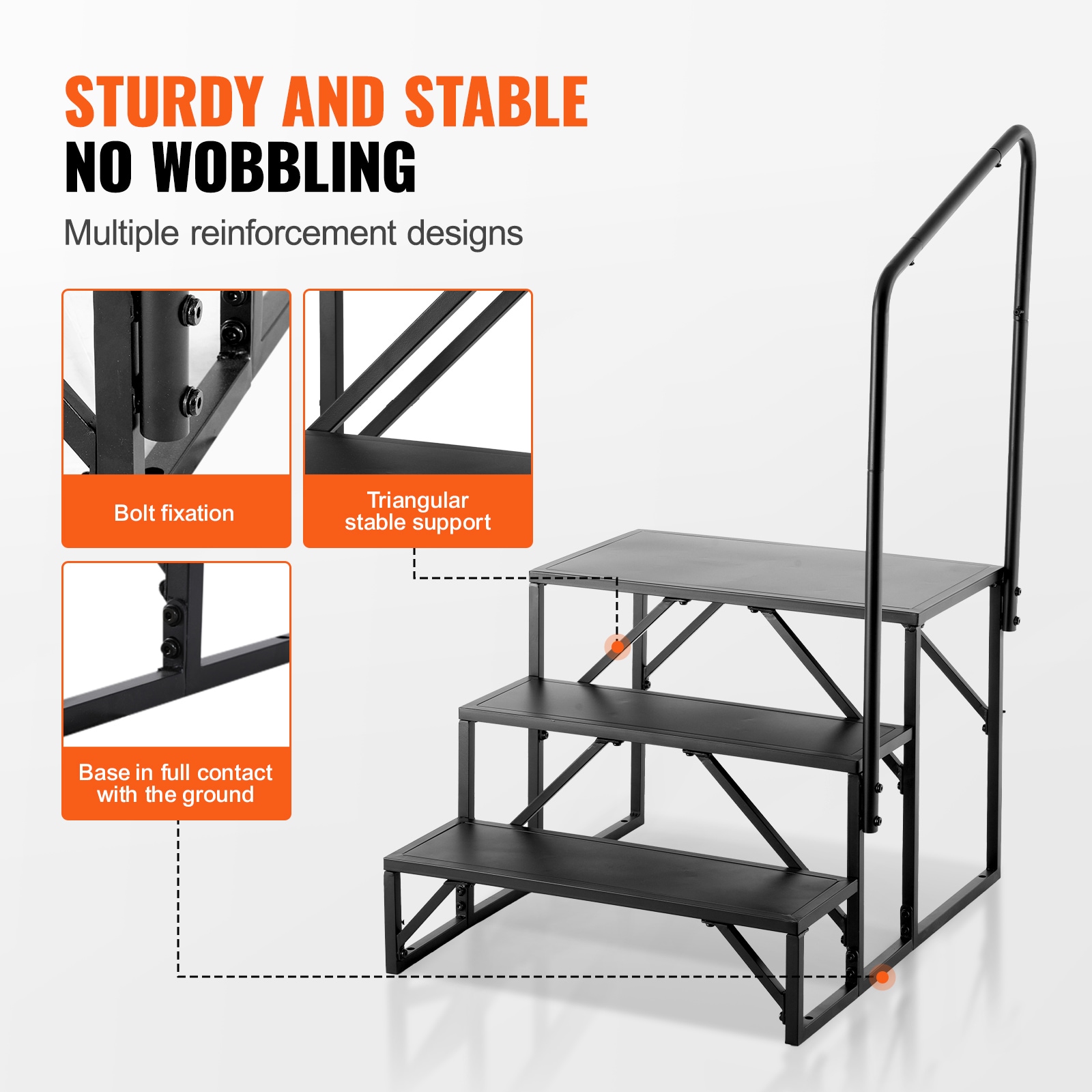 Black Carbon Steel 3-Step RV Stairs with Handrail