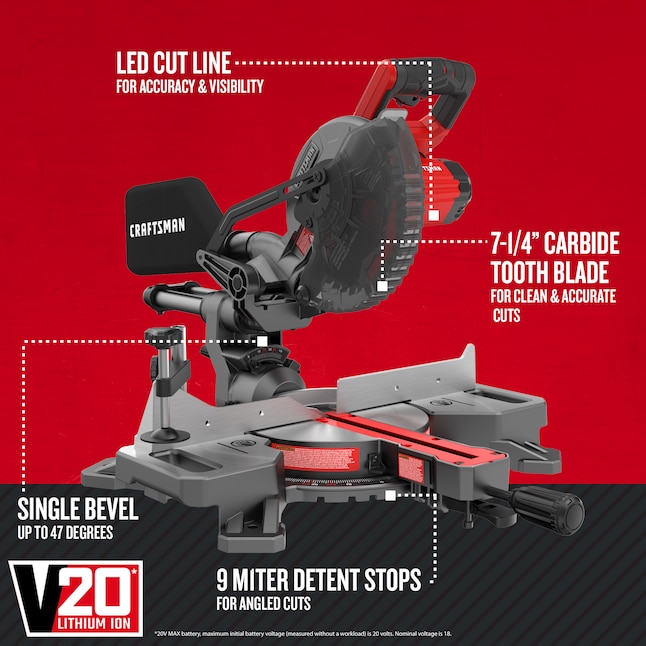 CRAFTSMAN V20 7-1/4-in 20-Volt Max Single Bevel Sliding Compound Cordless Miter Saw CRAFTSMAN V20 7-1/4-in 20-Volt Max Single Bevel Sliding Compound Cordless Miter Saw