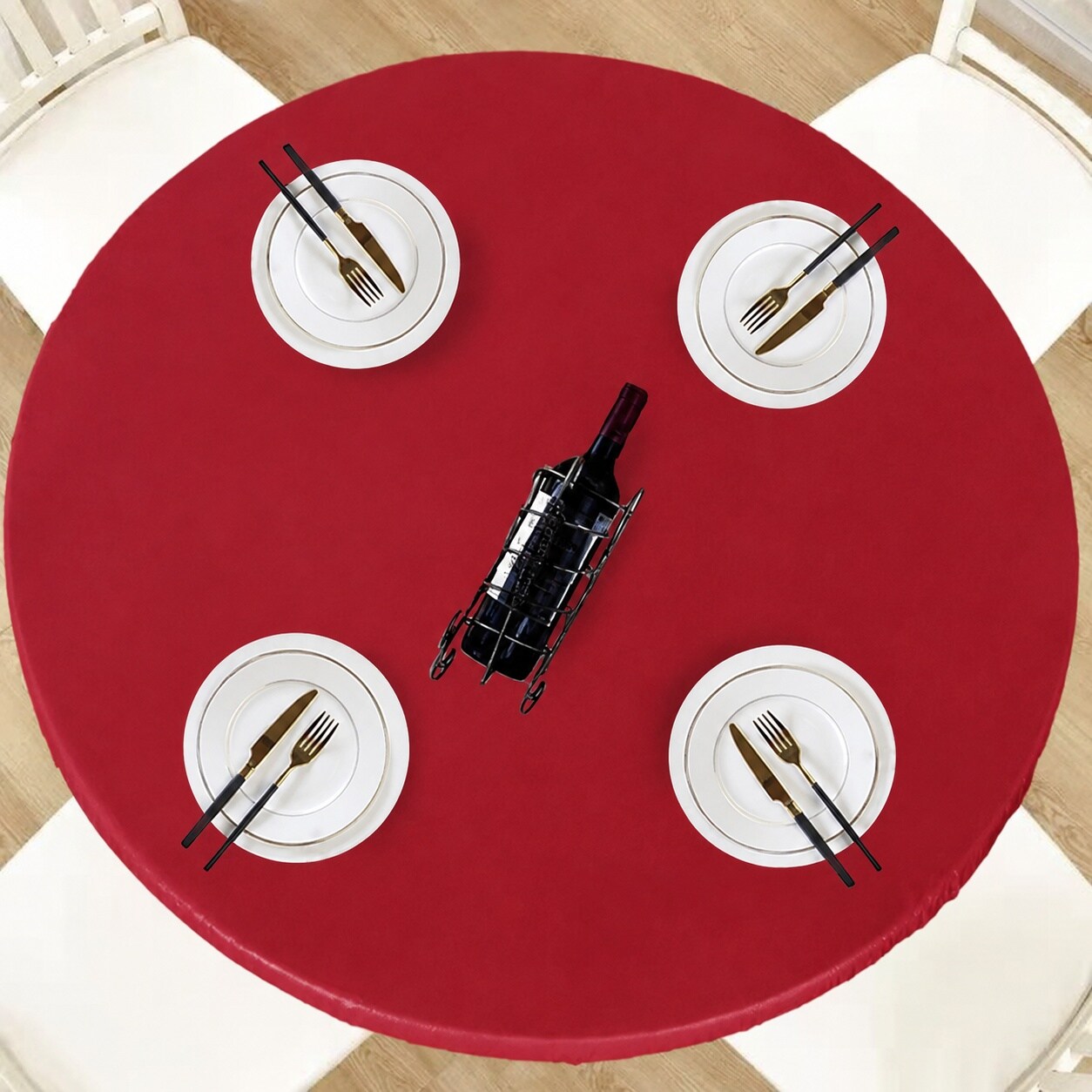Oyezvary  Round Waterproof Table Cover Elastic Vinyl Fitted Tablecloth Red Plastic Table Cloth for Christmas Fits 45 to 56 Inch Table Protect