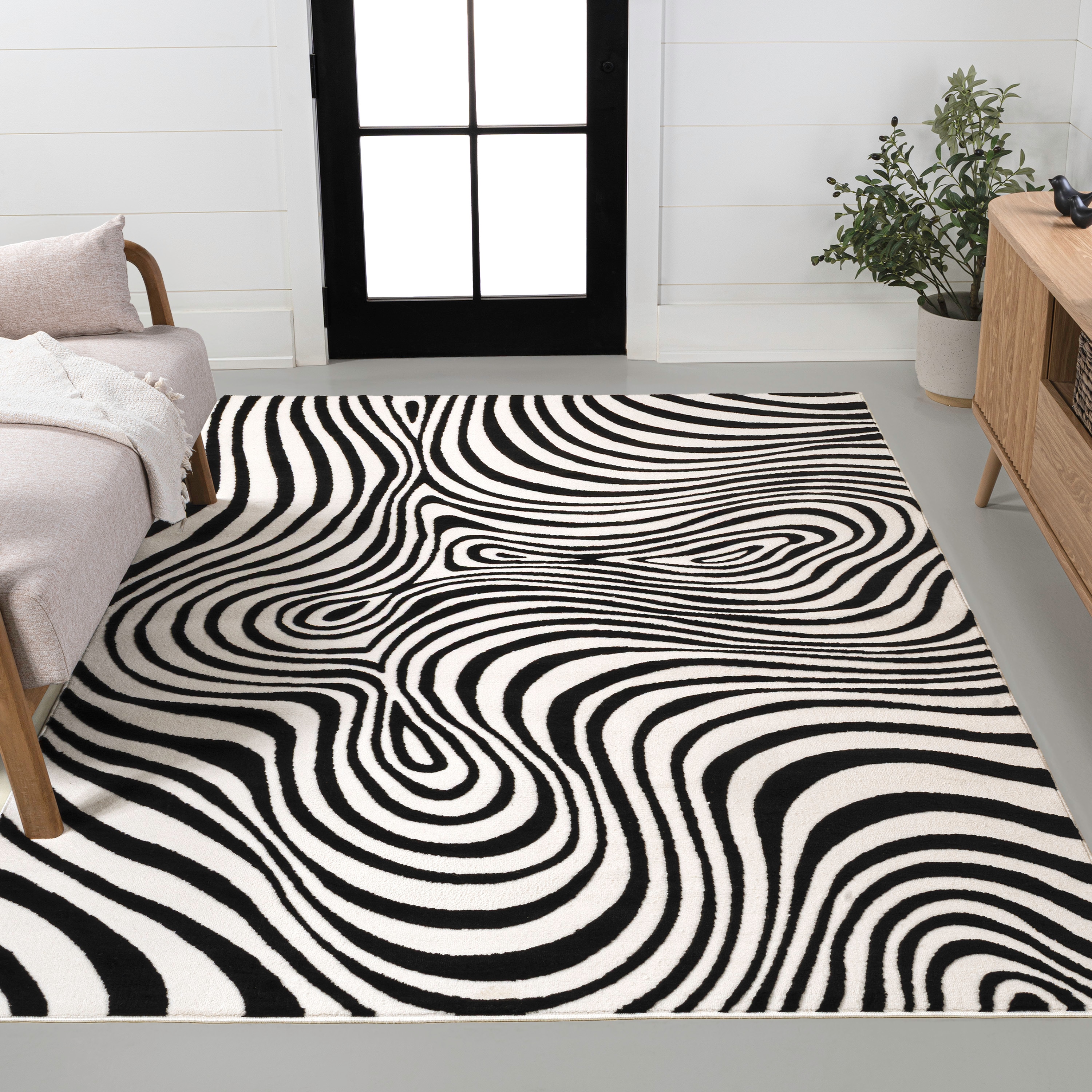 JONATHAN  Y SCN103F-8 SCANDINAVIAN Maribo Abstract Groovy 8 x 10 (ft) Loomed Polypropylene Black/White Rectangular Indoor Abstract Mid-Century Modern Area rug