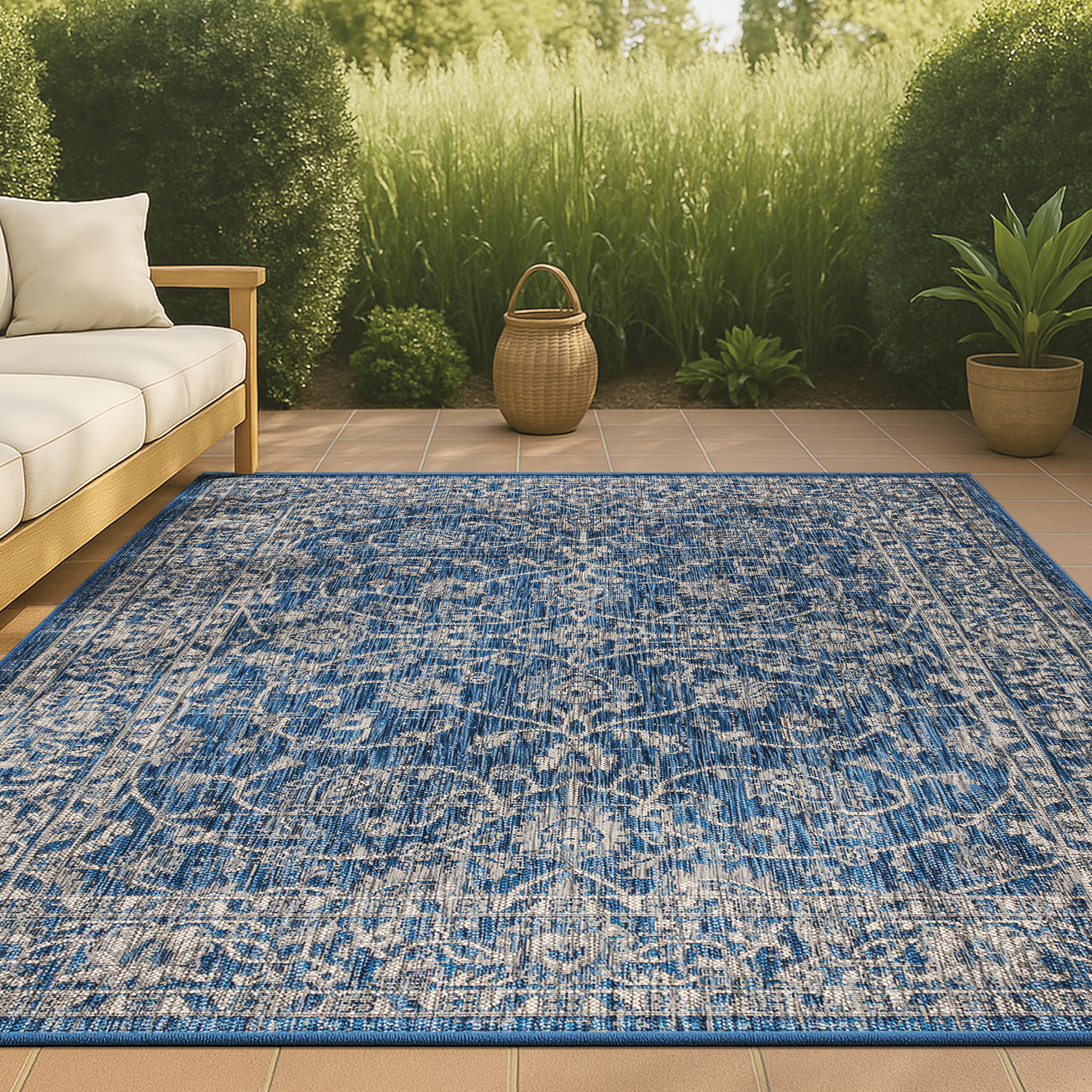 JONATHAN  Y SMB103A-8 Santa Monica Palazzo Vine and Border Textured Weave 8 x 10 (ft) Loomed Polypropylene Navy/Gray Rectangular Indoor/Outdoor Border Coastal Area rug