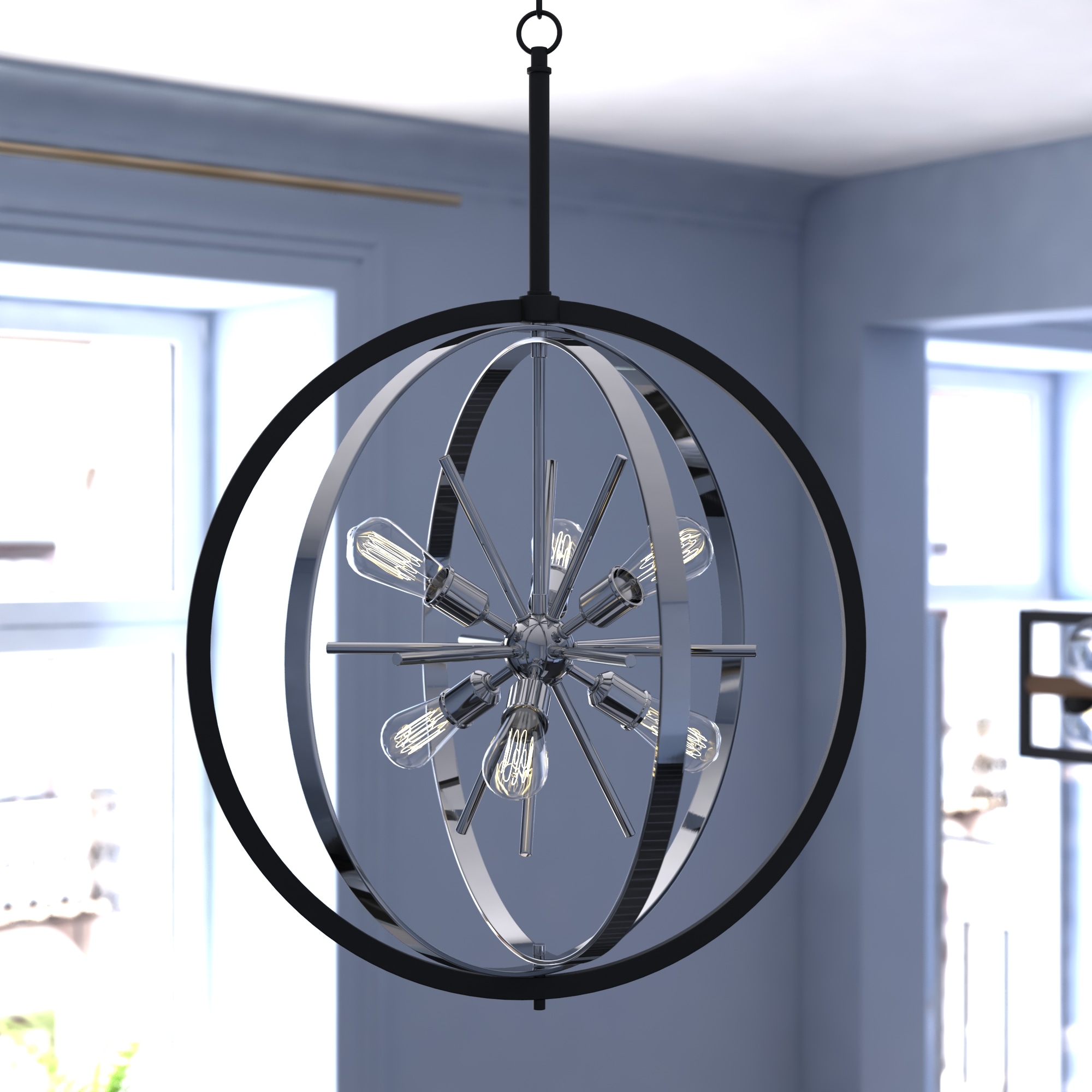 Cascadia P0342 Estelle 6 -Light Polished Nickel and Matte Black Mid-century Sputnik Large Hanging Pendant light