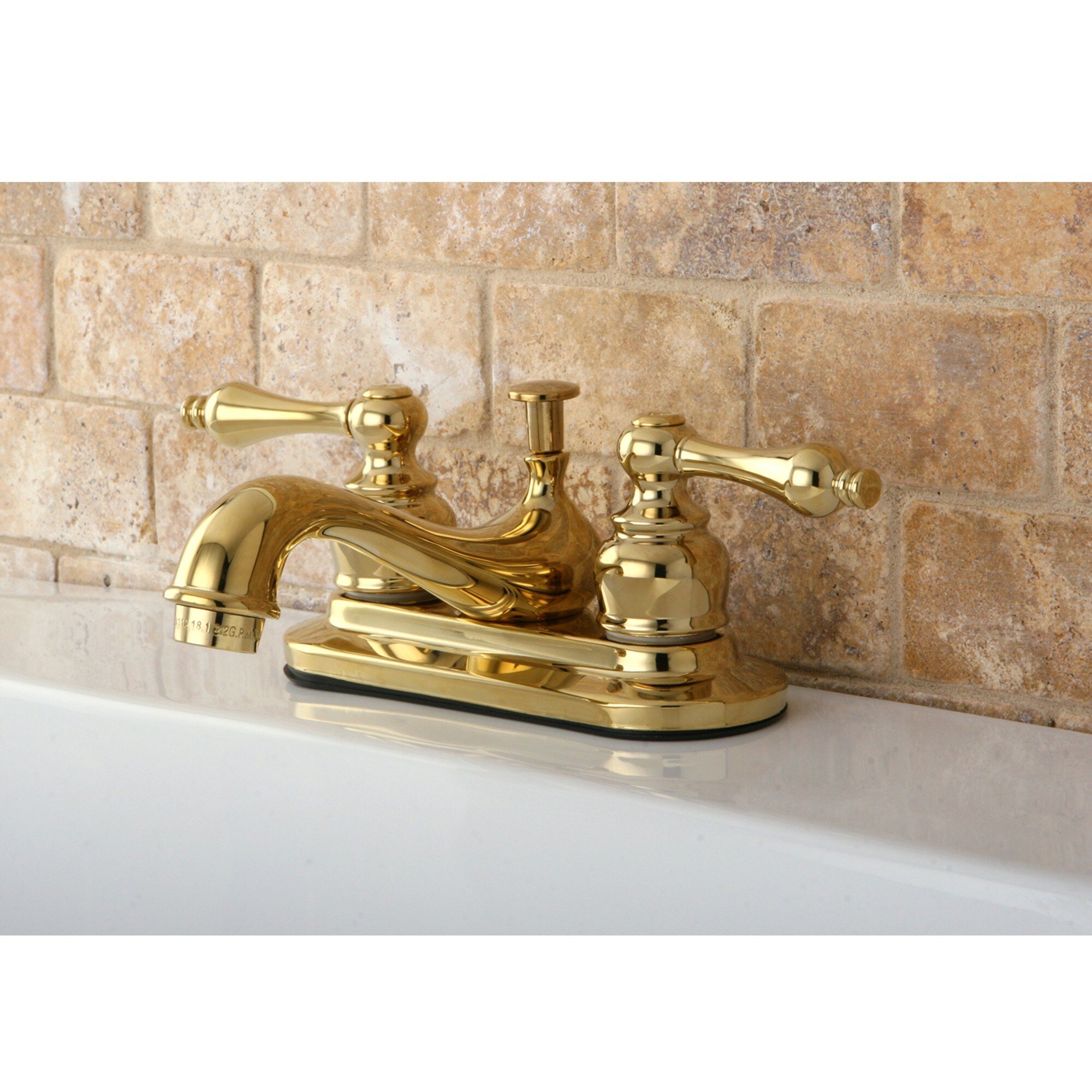 Kingston Brass Georgian Polished brass 4-in centerset 2-handle Low-arc Residential Handle Bathroom Sink Faucet with Drain