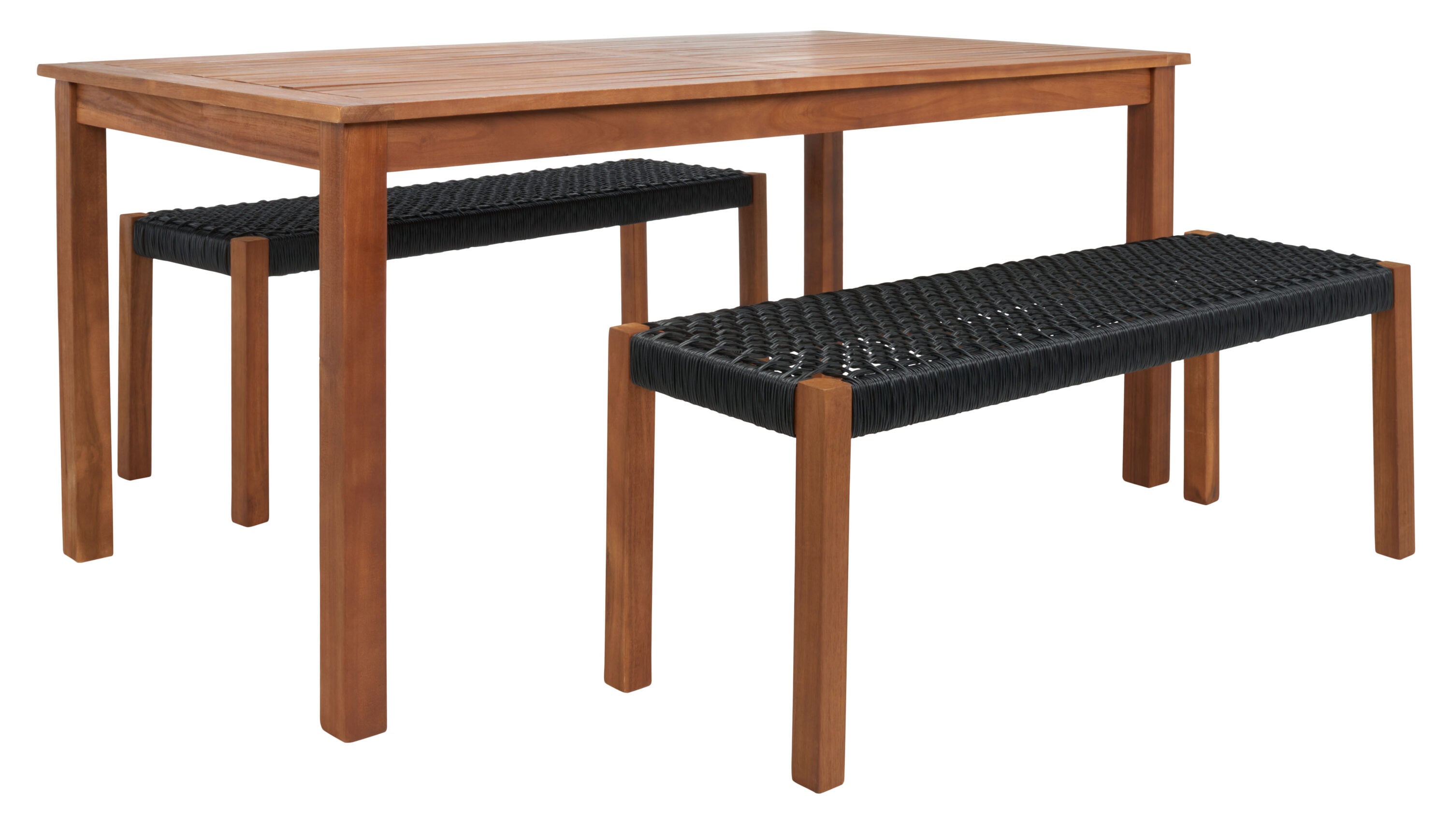 Natural Acacia and Black Woven Rattan 4-Person Patio Dining Set