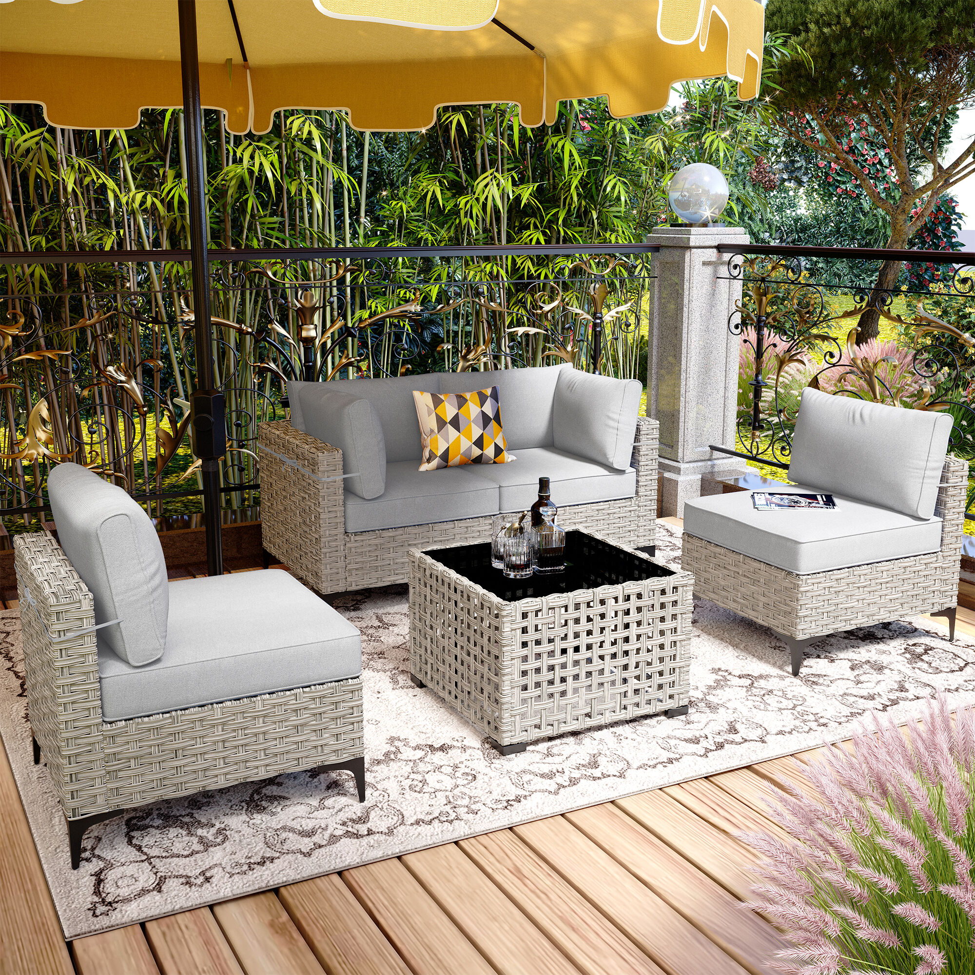 Ovios SK405 5 -Piece Wicker Patio Conversation Set with Light Gray Cushions