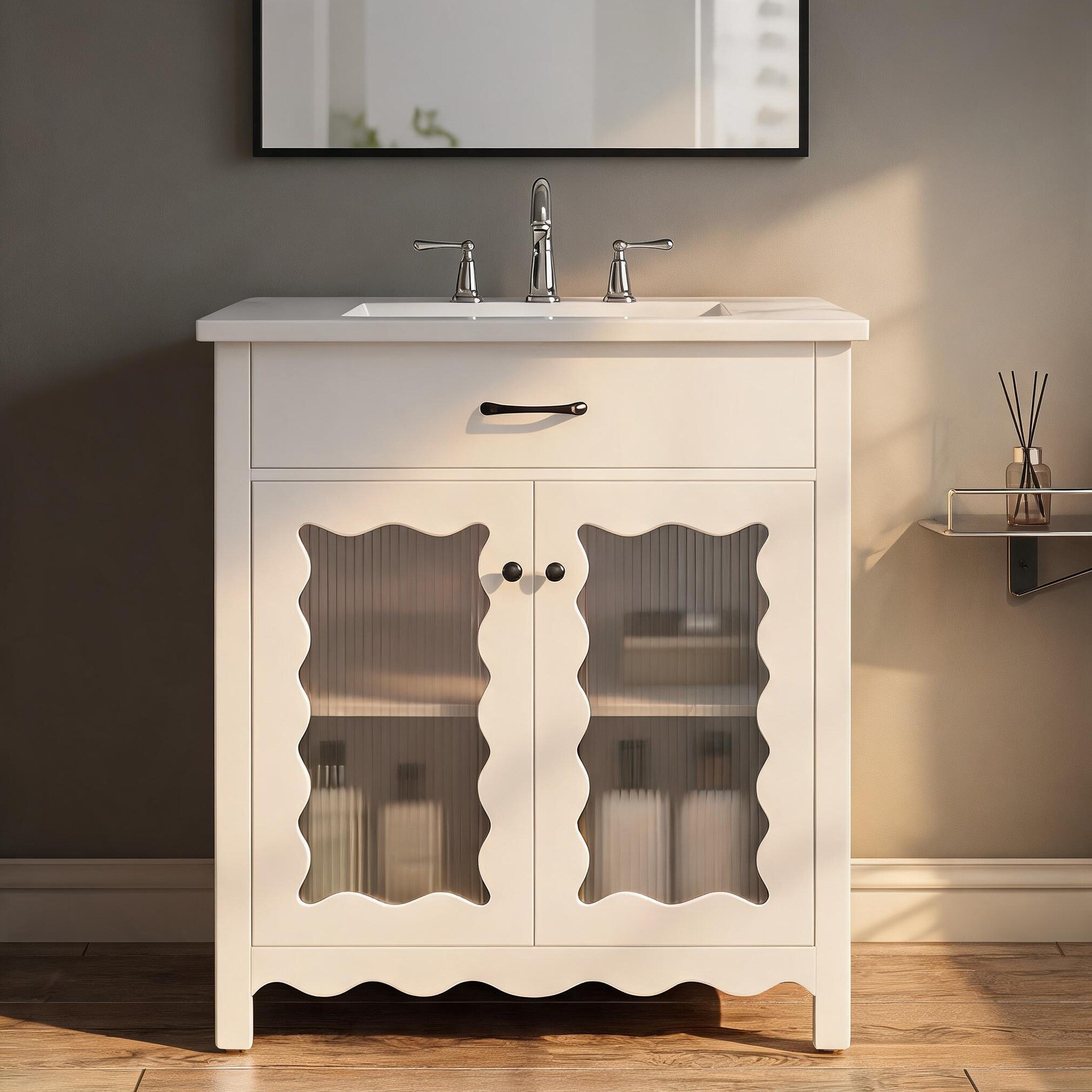 Naturefalls - 31-Inch Modern Bathroom Vanity Cabinet with Tempered Glass Doors and Soft-Close Sto...