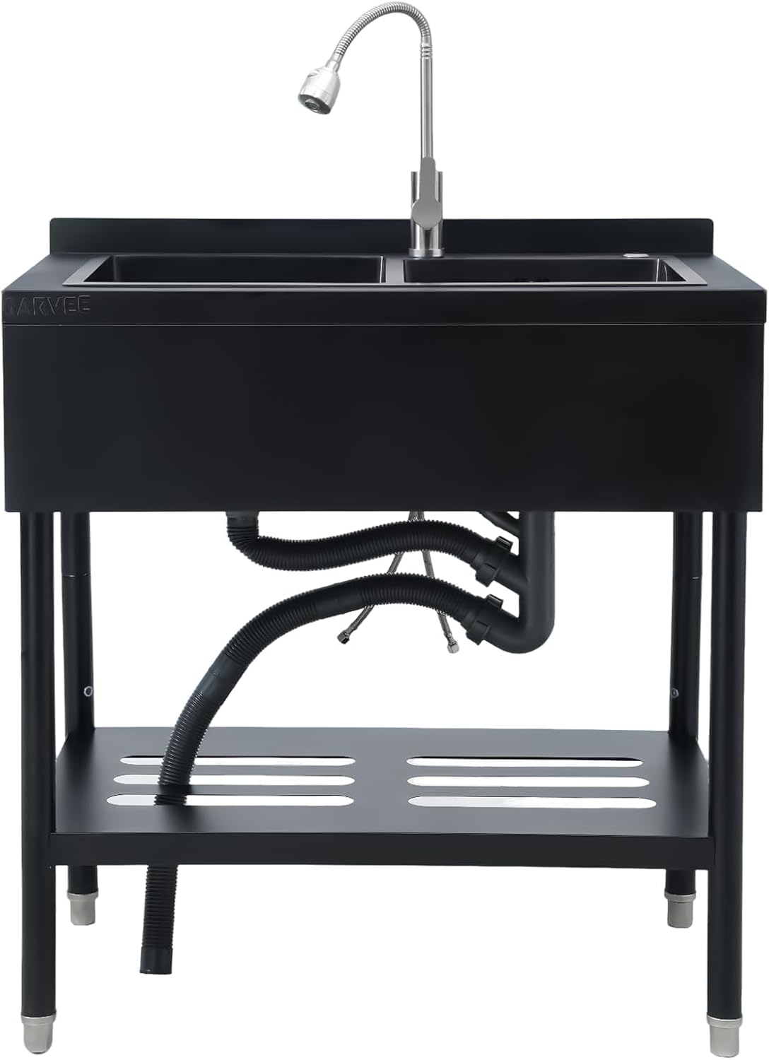 GAOMON 39x24in Freestanding 2-Compartment Commercial Stainless Steel Sink Dual Bowl Utility Sink with 360 Rotating Hotx