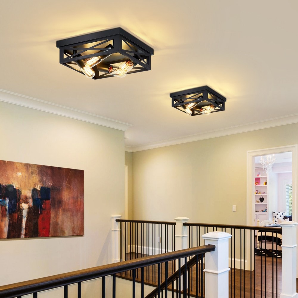 Basdien 12 in Black 2 Pack 4 Light Matte Black Farmhouse Square Flush Mount Ceiling E26 Bulb Not Included Vintage Hollow Geometric Iron Cage Close to Ceiling Lighting Dining Room Bedroom Kitchen Hallway Entryway Dimmable Easily Install Durable