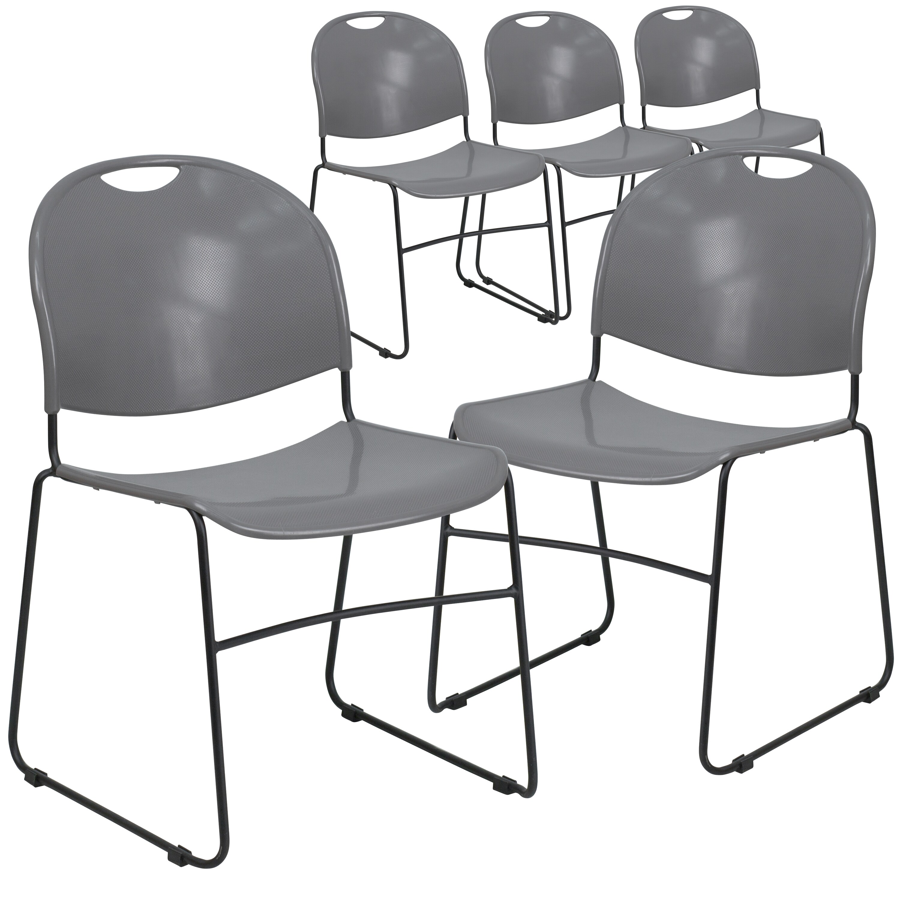 Flash Furniture 889142018018 5 Pack HERCULES Series 880 lb Capacity Gray Ultra-Compact Stack Chair with Black Powder Coated Frame