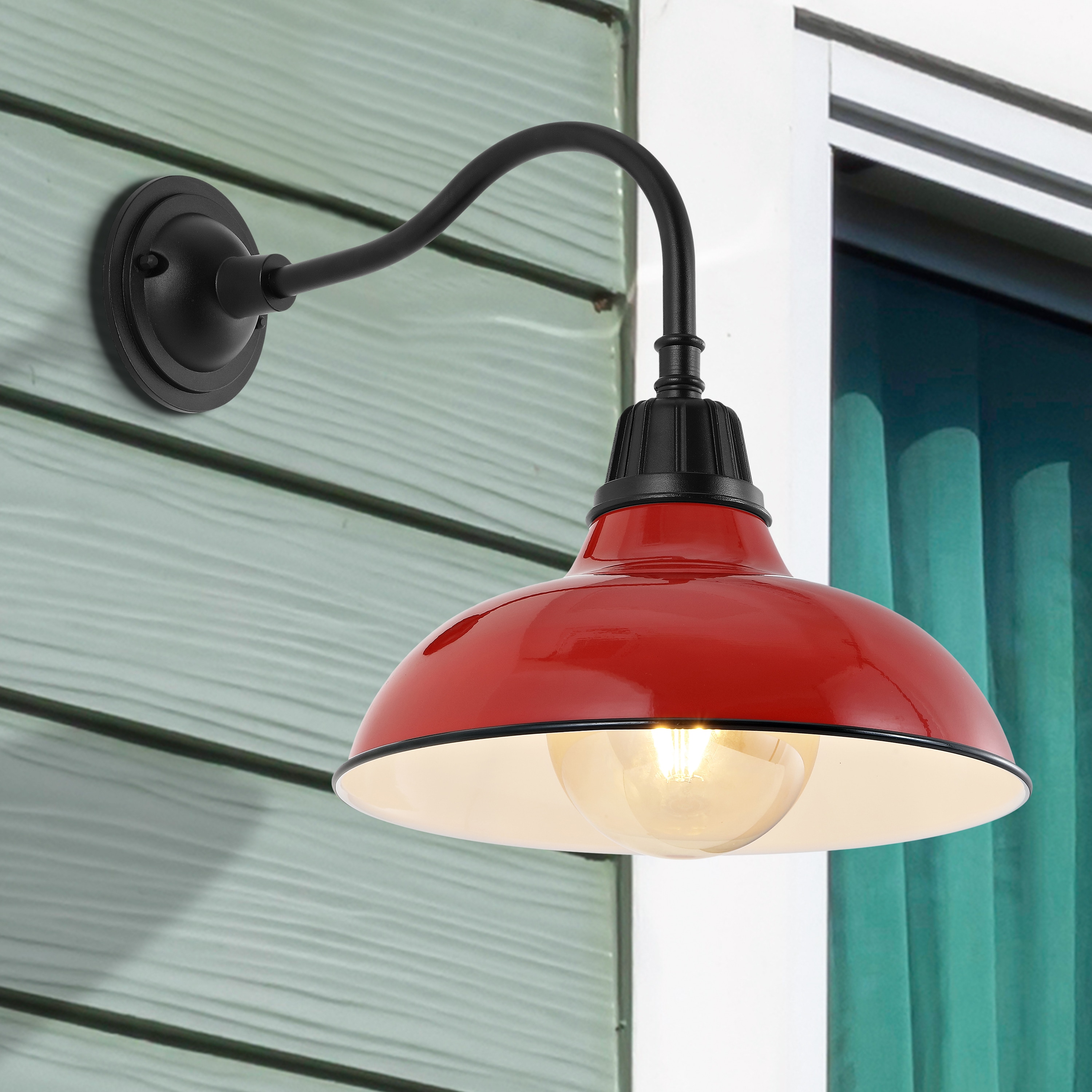 JONATHAN  Y JYL7613E Aurora Farmhouse Industrial Iron Gooseneck Arm 1 -Light 16.5-in H Polished Red Hardwired Outdoor Wall Light