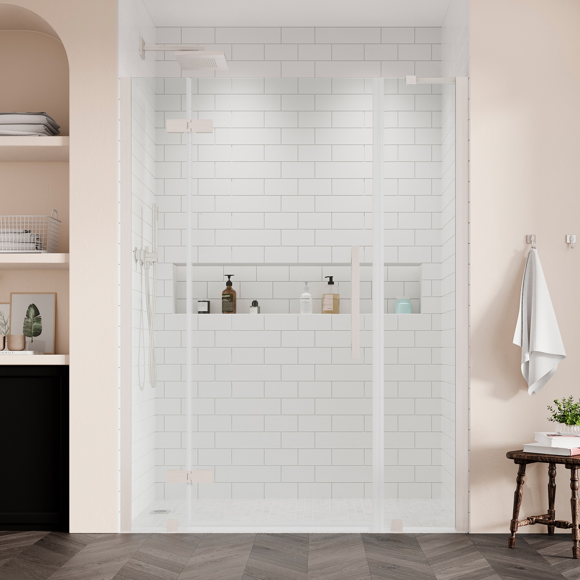 OVE Decors 828796054706 Tampa Satin nickel 47-3/4-in to 50-1/16-in W x 72-in H Frameless Pivot Shower door 5/16-in Thick Clear Glass