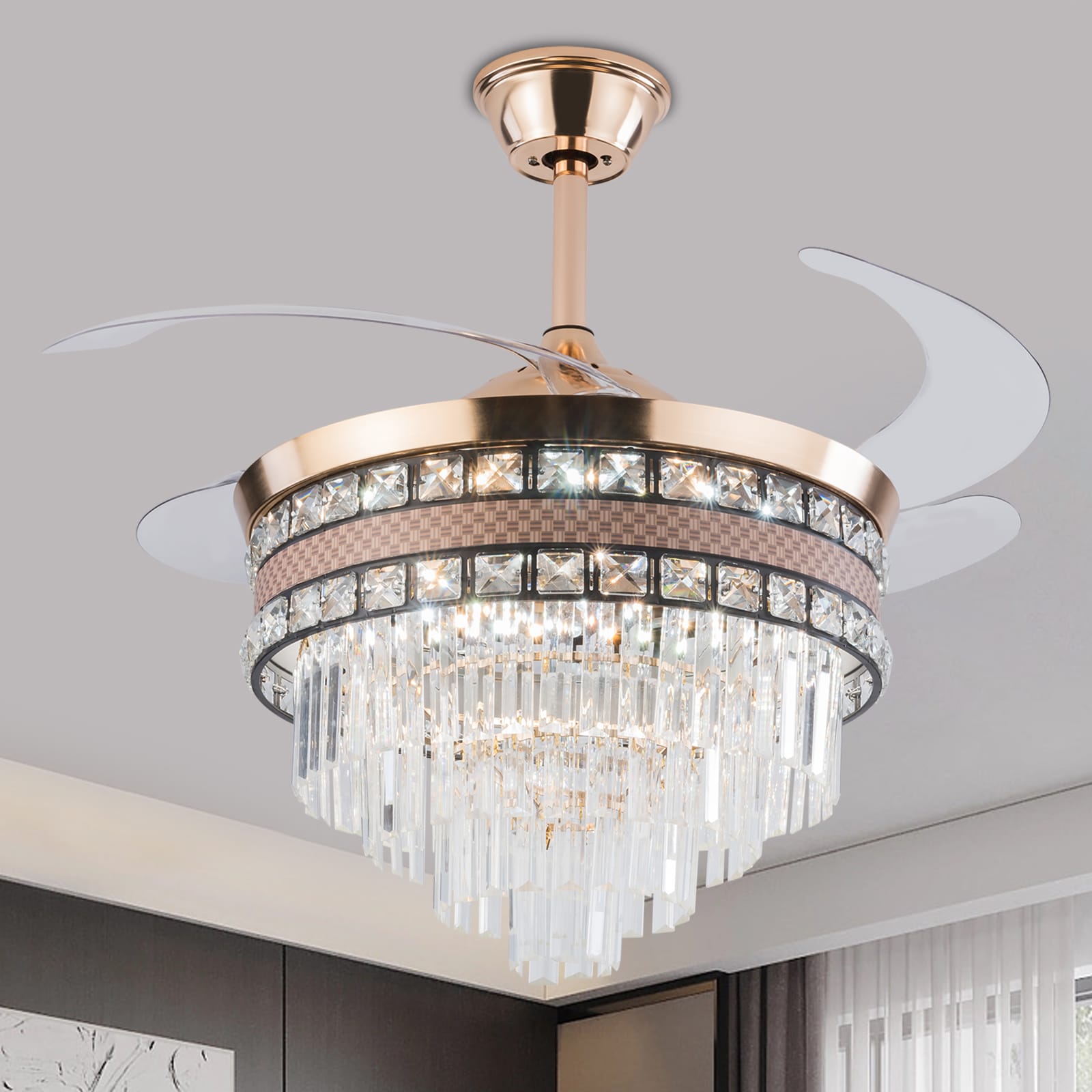 Oukaning JZUCOD-00690099 42-in Color-Changing Coffee with ABS Blades Chandelier Ceiling Fan With Light and Remote ( 4 -Blade )