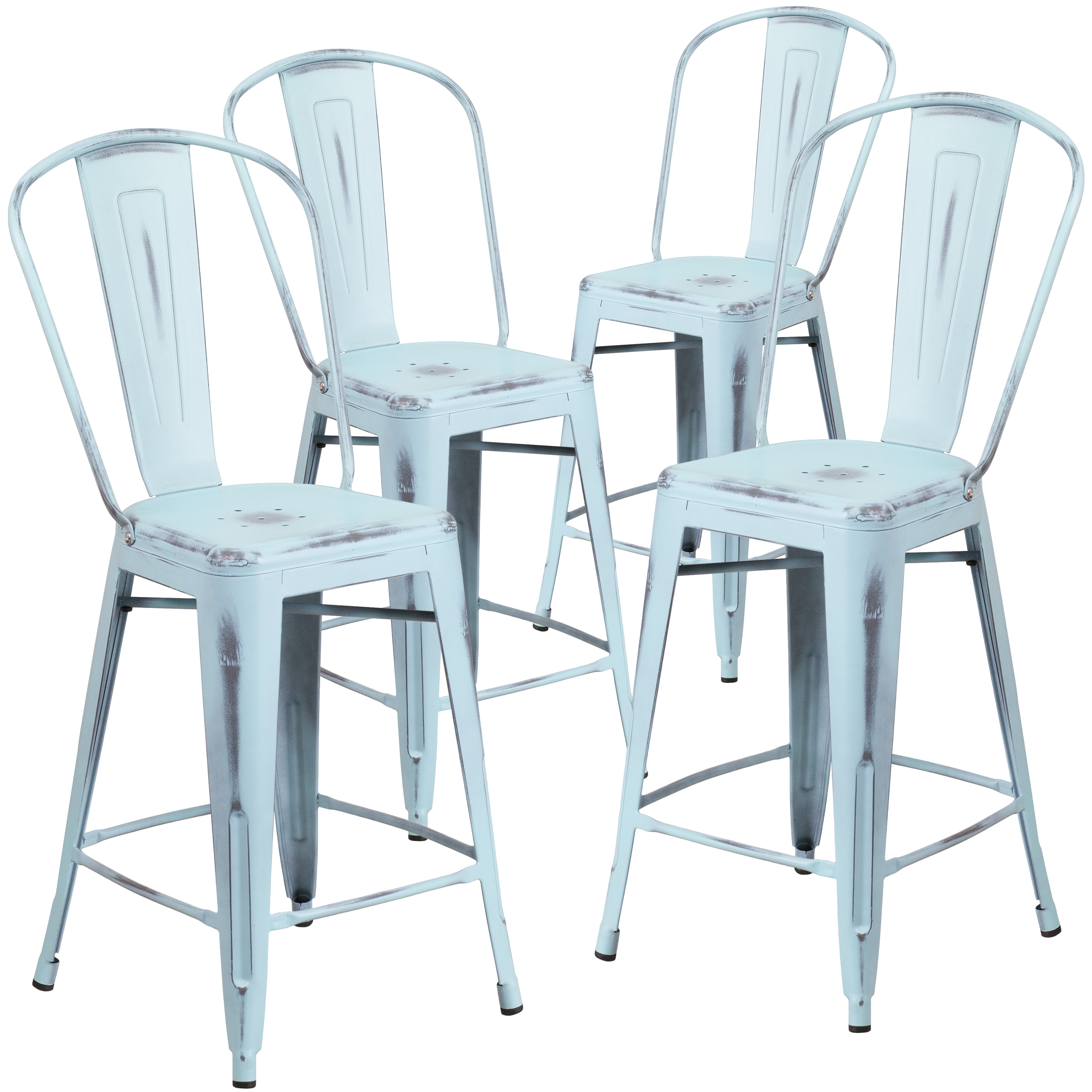 Flash Furniture 889142043881 Blake Commercial Grade 4 Pack 24-in High Distressed Green-Blue Metal Indoor-Outdoor Counter Height Stool with Back