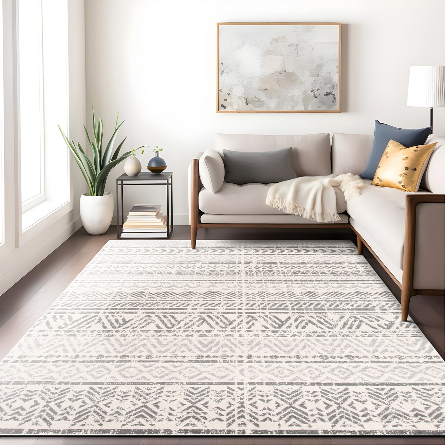Elegant Gray Geometric 5'x7' Synthetic Reversible Area Rug
