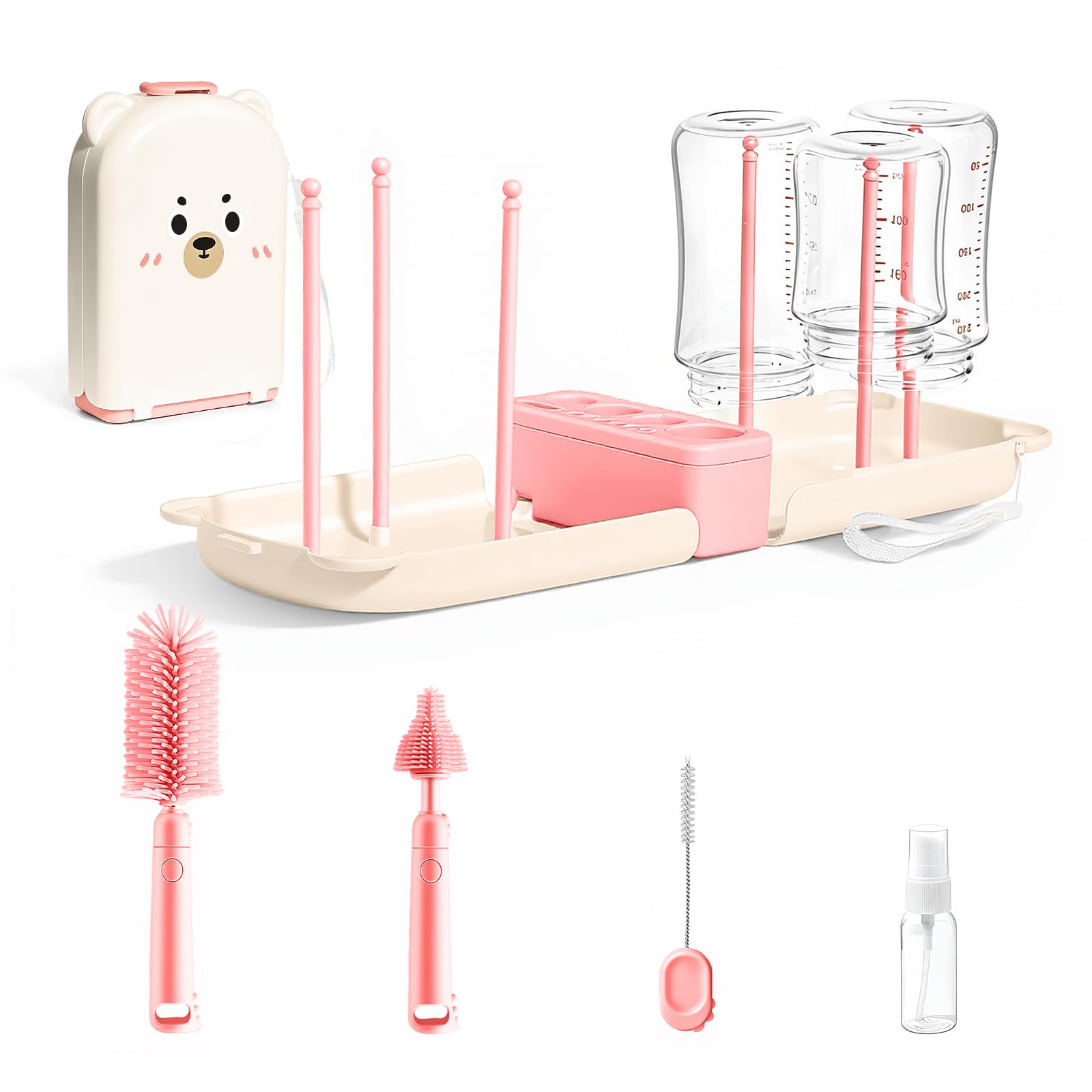LILILIAN FMY  Portable Baby Bottle Cleaner Kit 7-in-1 Brush Set with Case for Travel and On-the-Go Bottle and Breast Pump Cleaning Pink