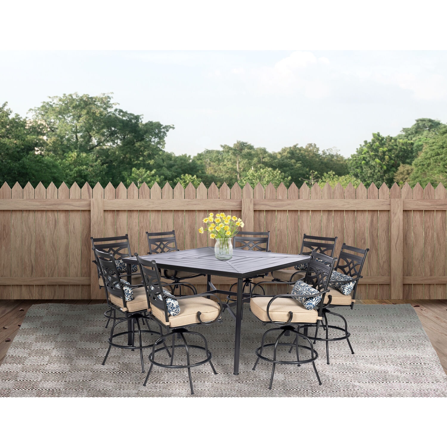 Hanover MCLRDN9PCBRSW8-TAN Montclair 9 -Piece Dark Brown Bar Height Patio Dining Set Steel Square Table with 8 Tan Cushions Swivel Chairs