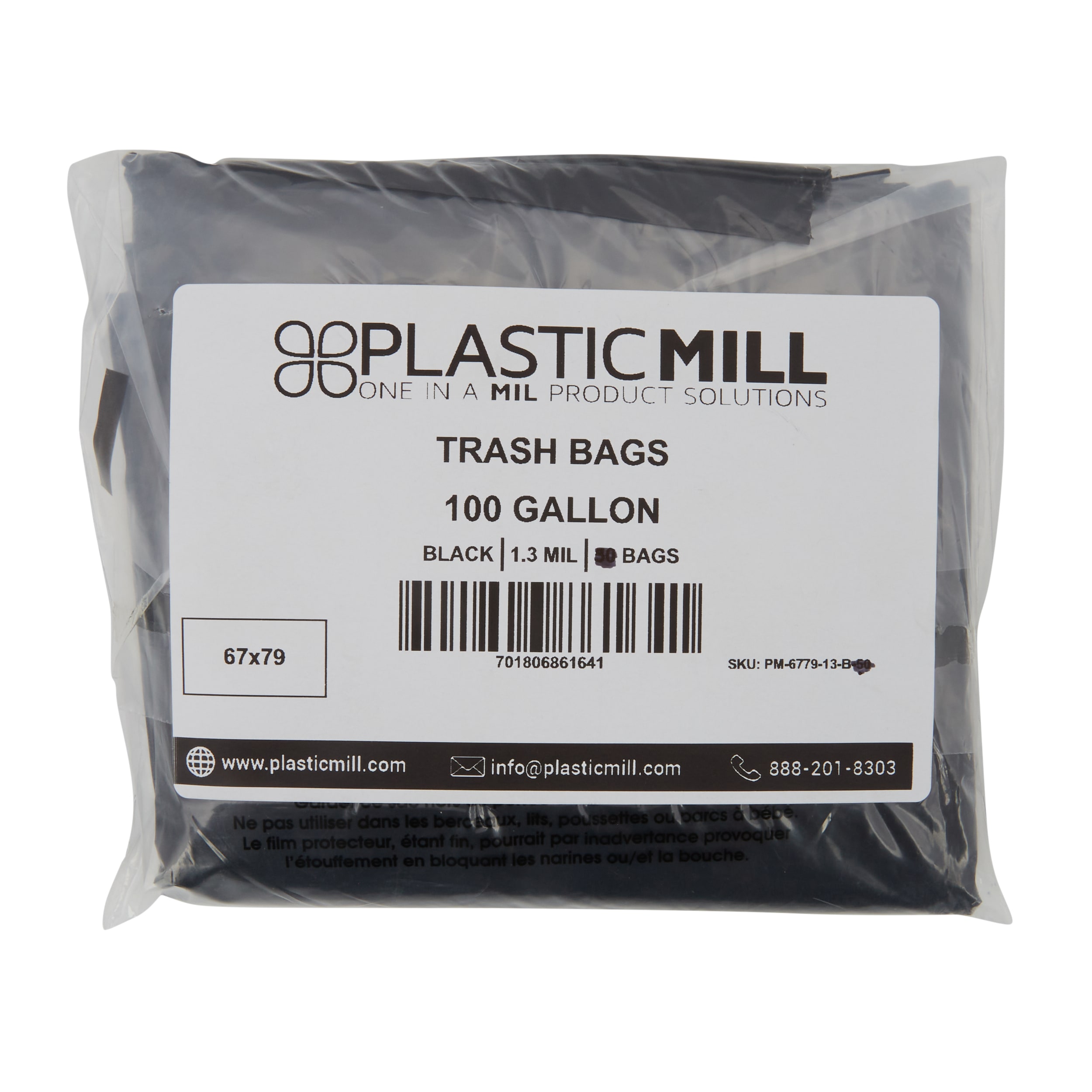PlasticMill 100 Gallon Contractor Bags: Black, 3 mil, 67x79, 10 Bags.