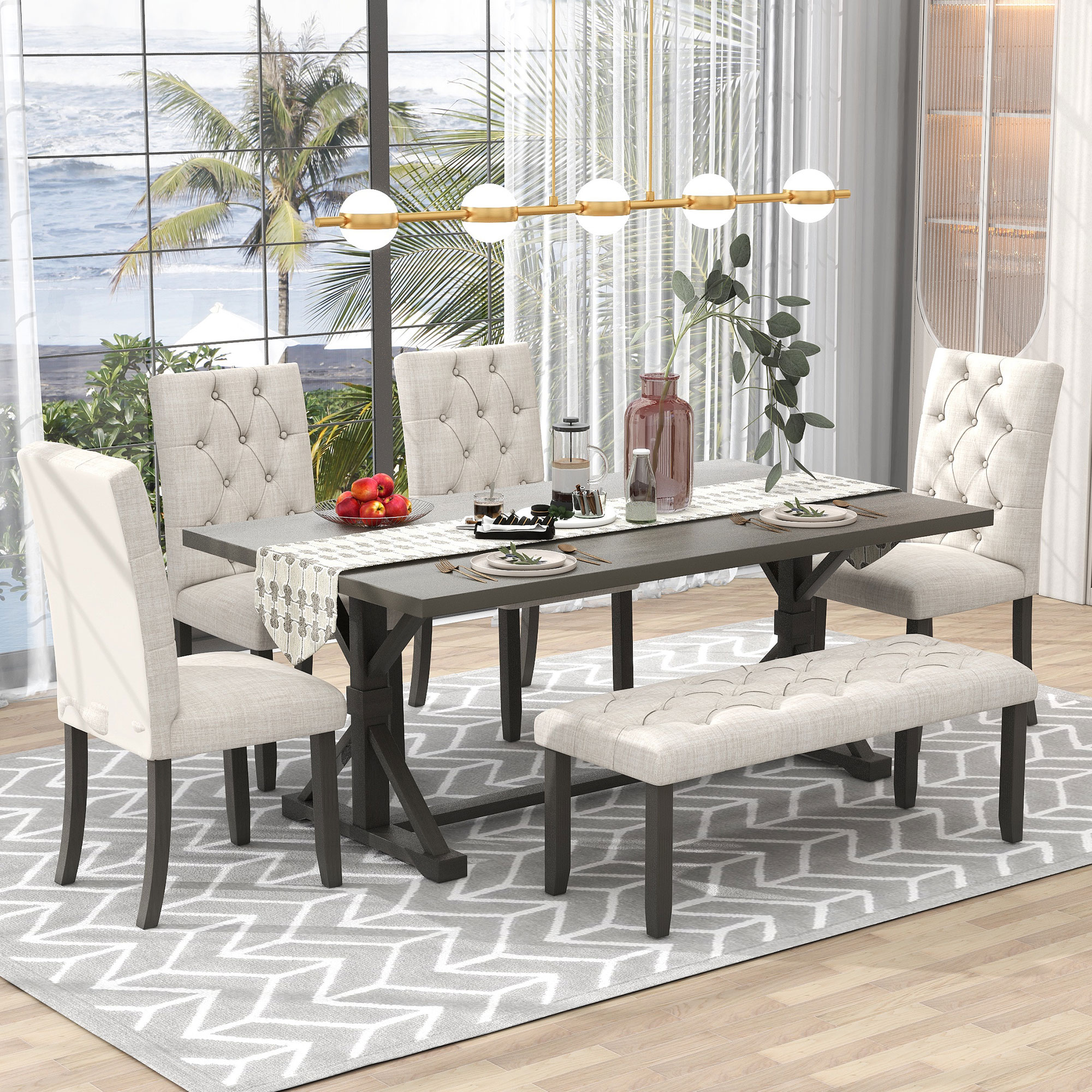 JANSNO DKSELL013 Gray Rustic Dining Room Set with Rectangular Table ( Seats 6 )