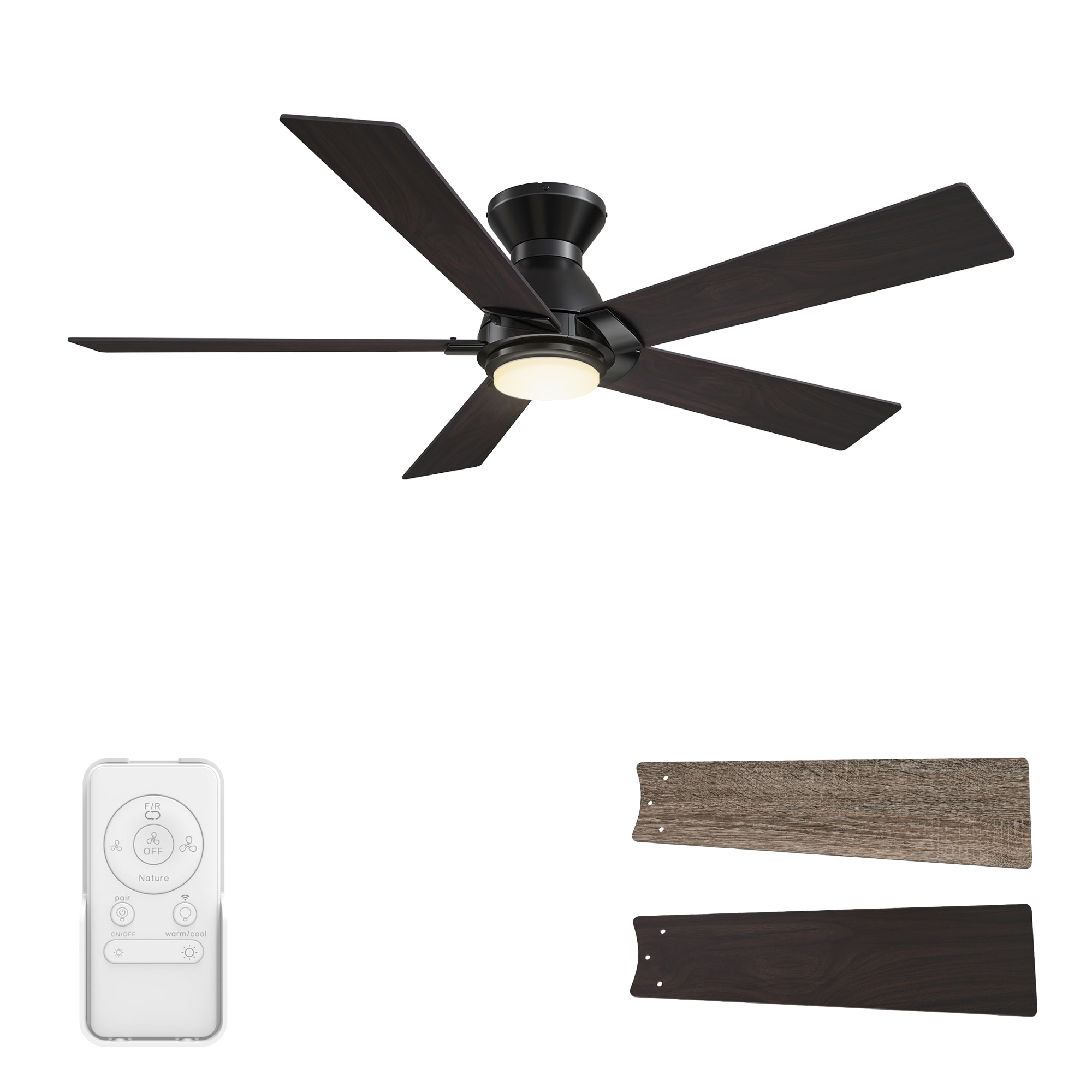 CARRO USA LS485J1-L11-BG-1-FM Aspen 48-in Integrated LED Outdoor Flush Mount Smart Black with Wooden/Walnut Blades Ceiling Fan With Light - Remote Included ( 5 -Blade )