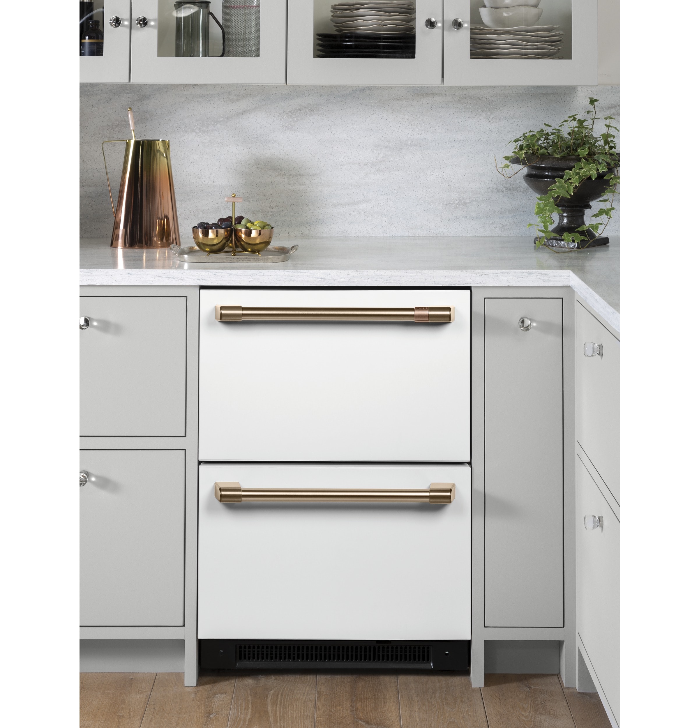 Package CAFEMW1 - Cafe Appliance Package - 4 Piece Appliance Package with  Gas Range - Matte White with Brushed Bronze Hardware