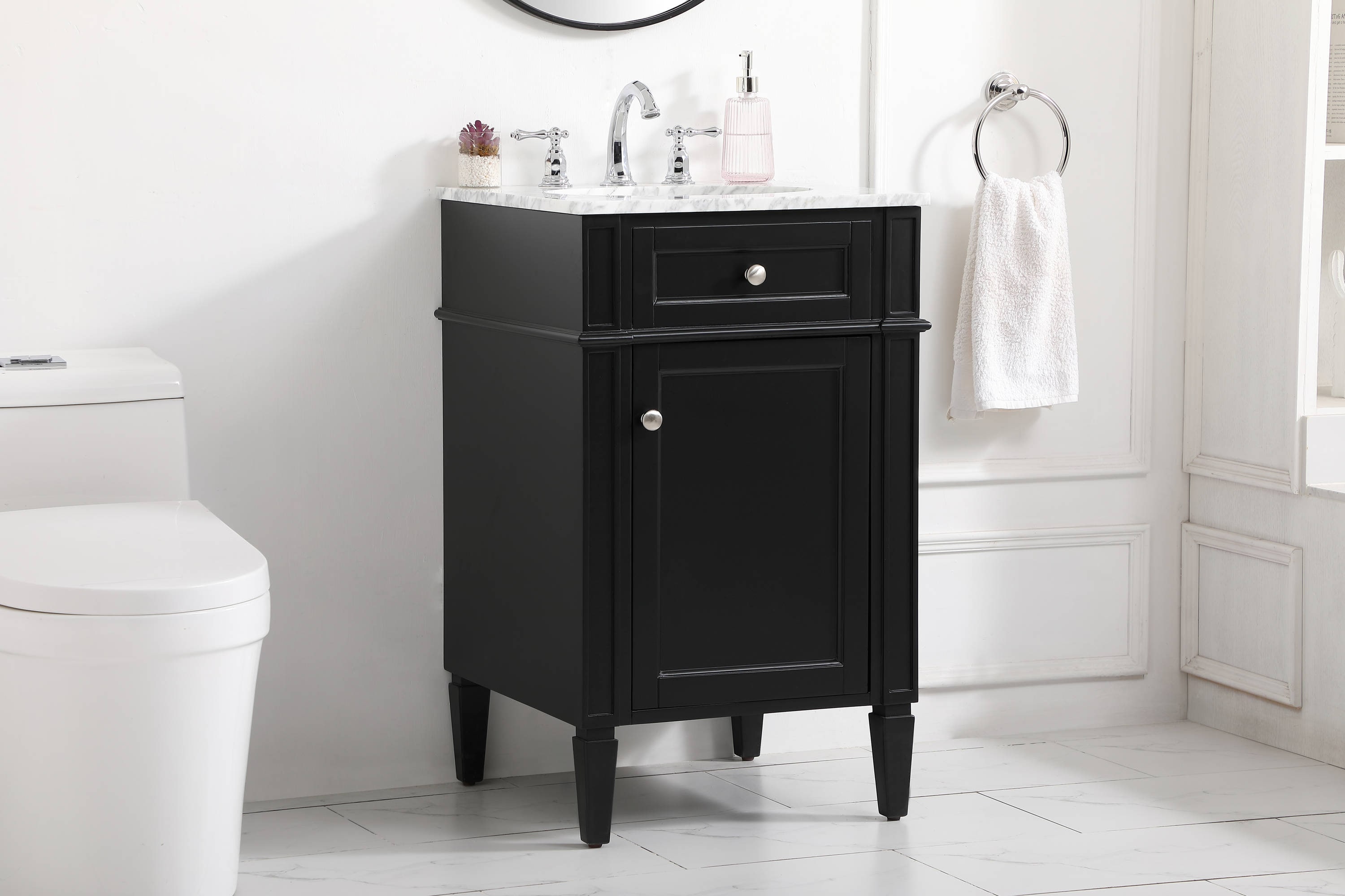 Black Marble Top Single Sink Vanity with Porcelain Basin
