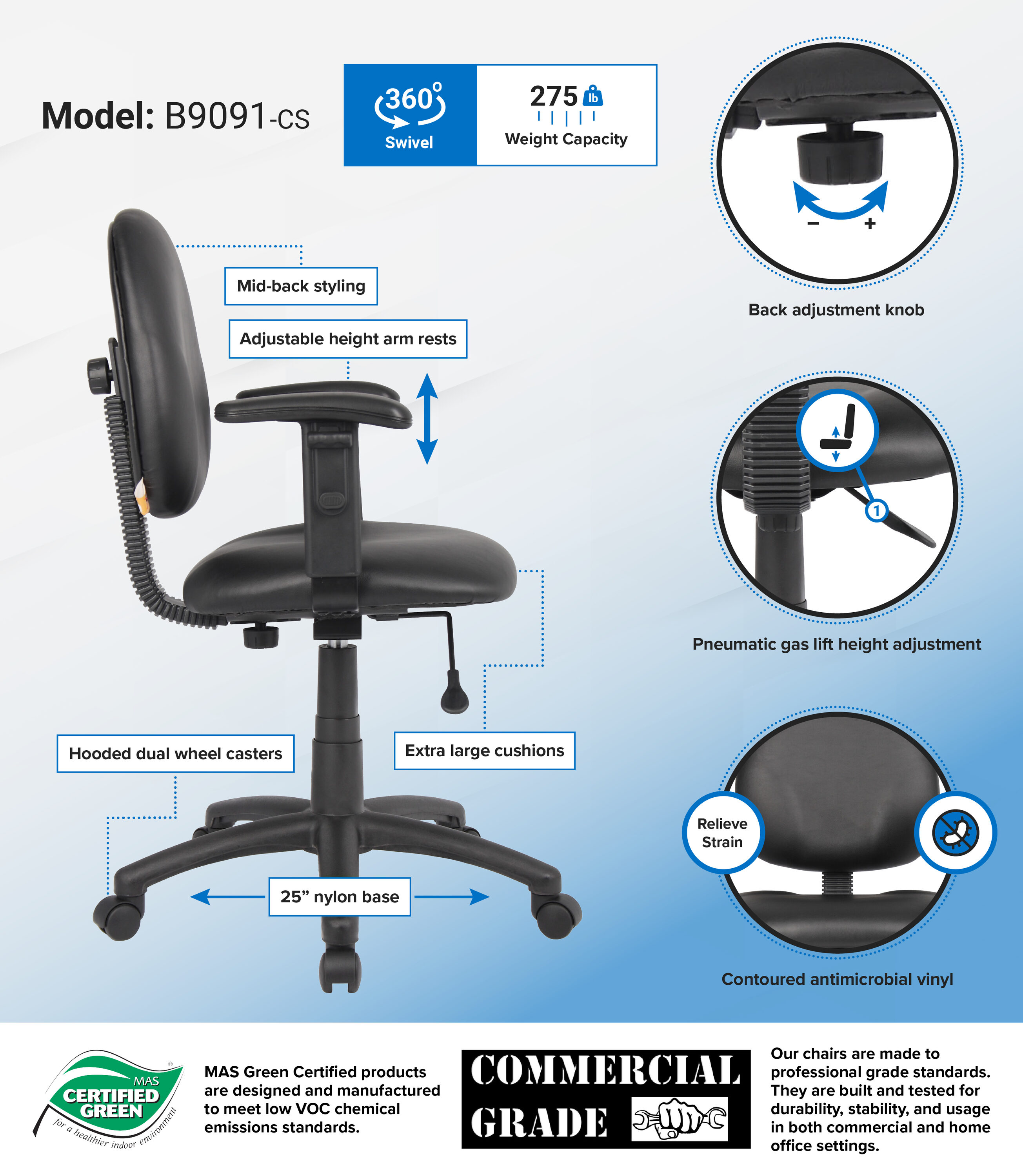 Black Ergonomic Vinyl Task Chair with Adjustable Arms