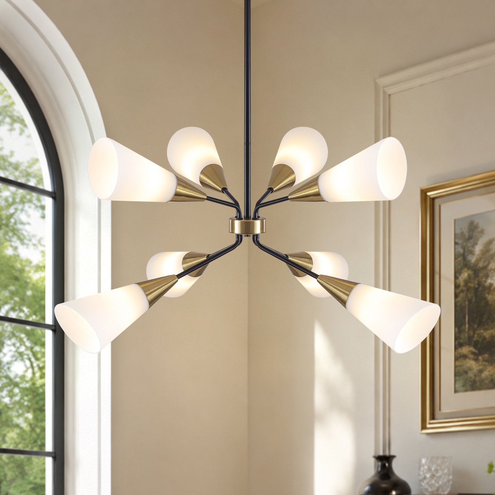 MENCOLULU 38.58 inch Sputnik Chandelier Milk Flared Glass 8 -Light Black and Gold Transitional Opal glass Metal Sputnik Medium Hanging Pendant Light