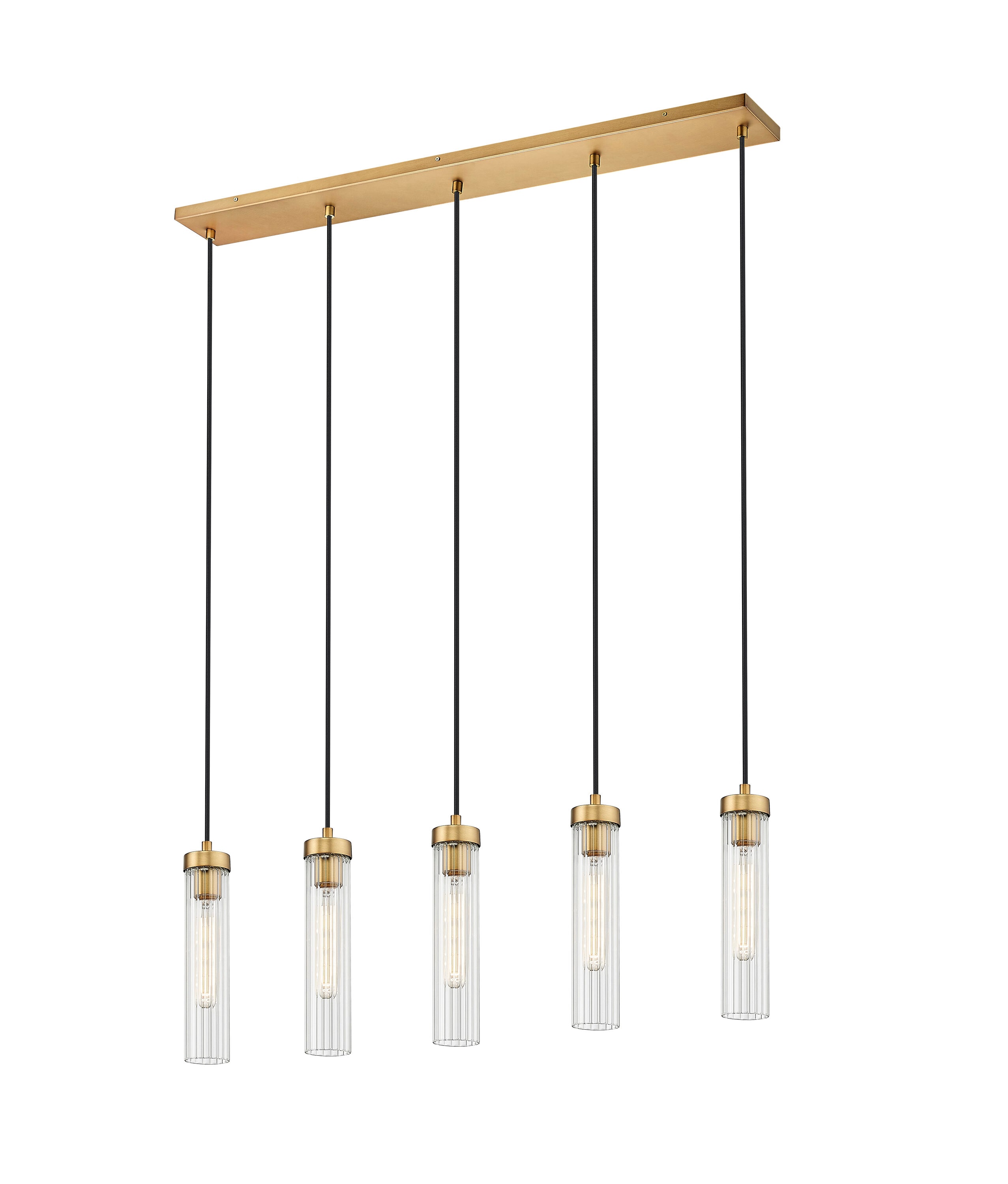 Beau Rubbed Brass 5-Light Linear Chandelier with Fluted Glass Shades