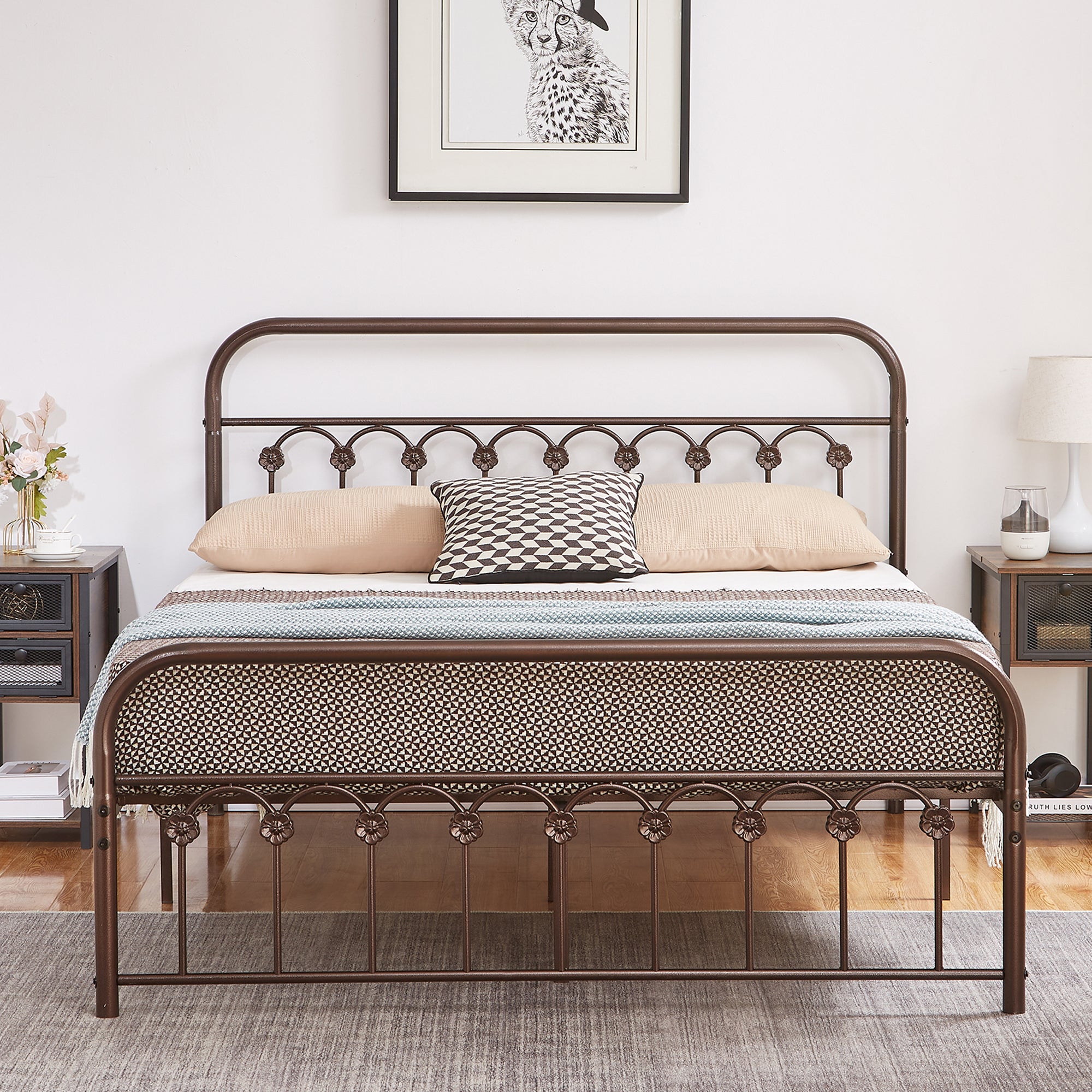 Vecelo LOE-BTJ-MBF09-APLE Full Size Metal Platform Bed Frame with Headboard and Footboard Mattress Foundation with Steel Slat Support Easy Assembly
