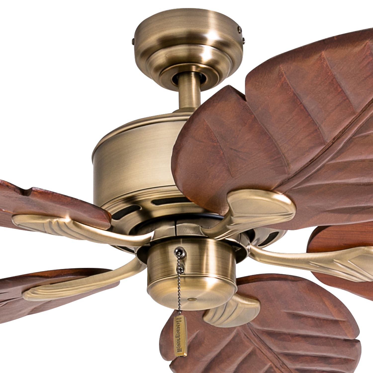 Aged Brass 52" Tropical Ceiling Fan with Wooden Leaf Blades