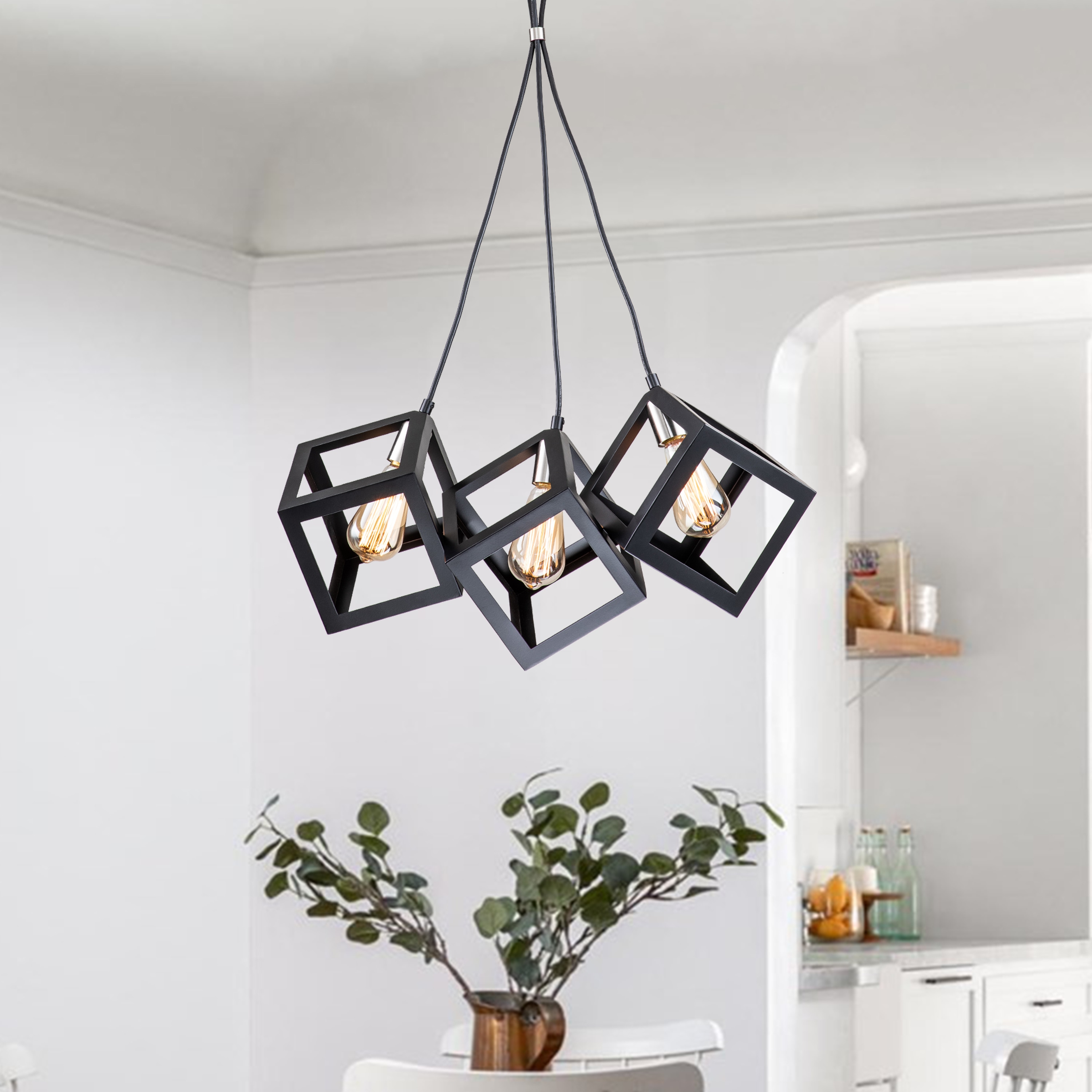 C Cattleya CA2143-3H 3-Light Black and Satin Nickel Modern/Contemporary Geometric Mini Hanging Pendant Light