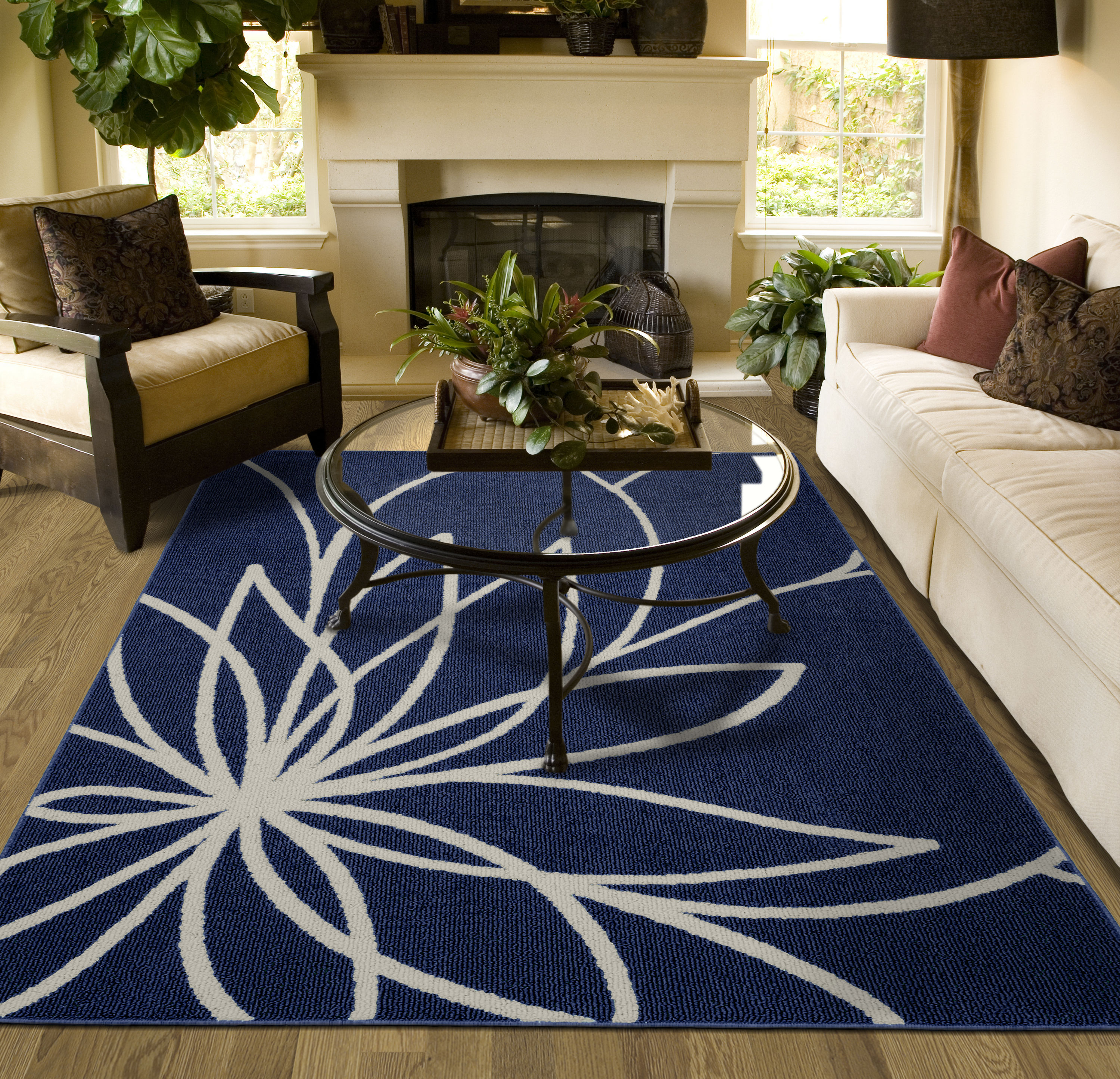 Garland Rug LL460A096120L5 Grand Floral 8 x 10 (ft) Tufted Polypropylene Indigo/Ivory Rectangular Indoor Floral/Botanical French Country Area rug