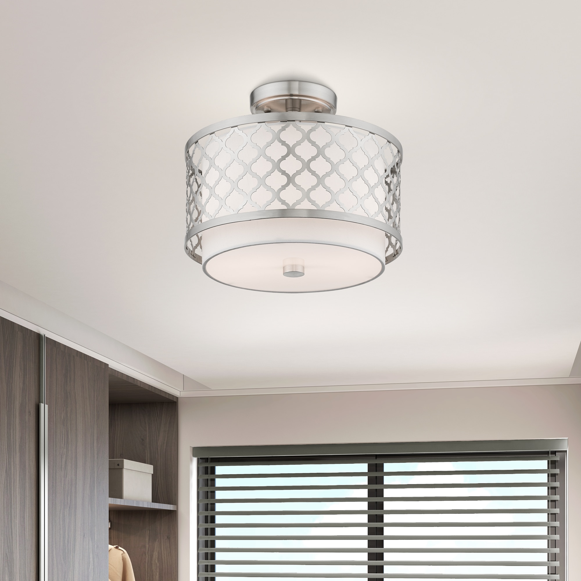 Brushed Nickel Drum Semi-Flush Mount Light with Glass Shade