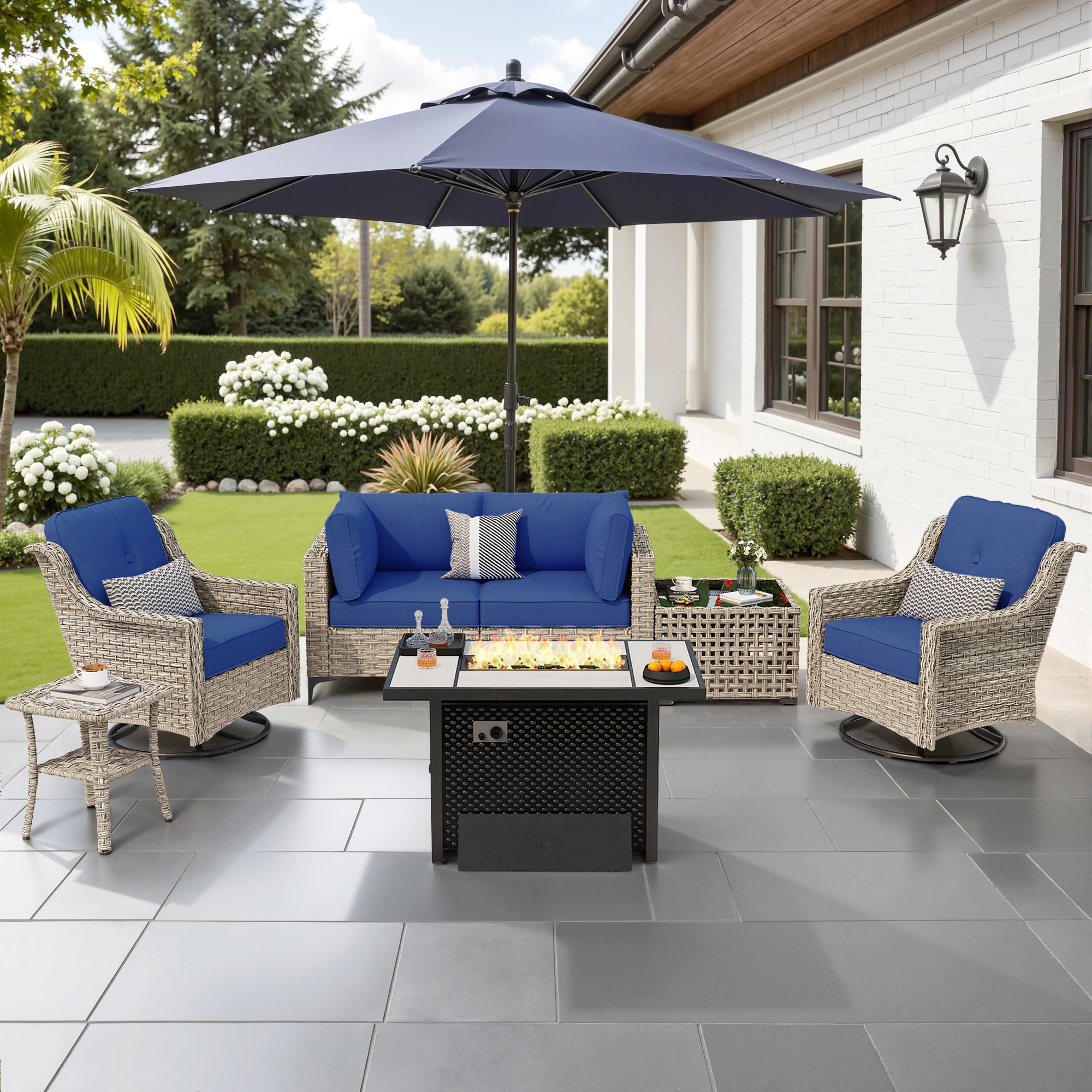 ALTRIGUS 6L-CFP03-YZSKT707-AL 7 -Piece Wicker Patio Sofa Conversation Set with Navy Cushions